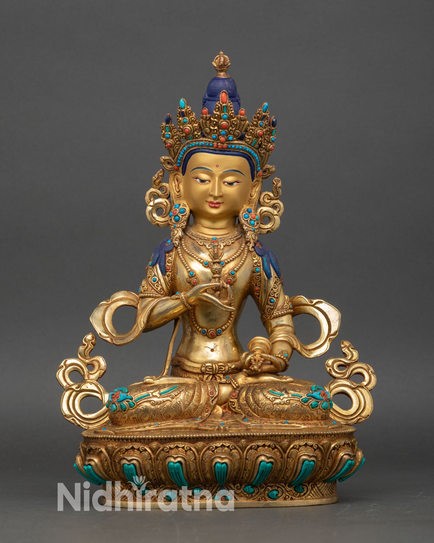 Front view of Vajrasattva Dorje Sempa sculpture, handcrafted Tibetan metal with gold fire-gilding