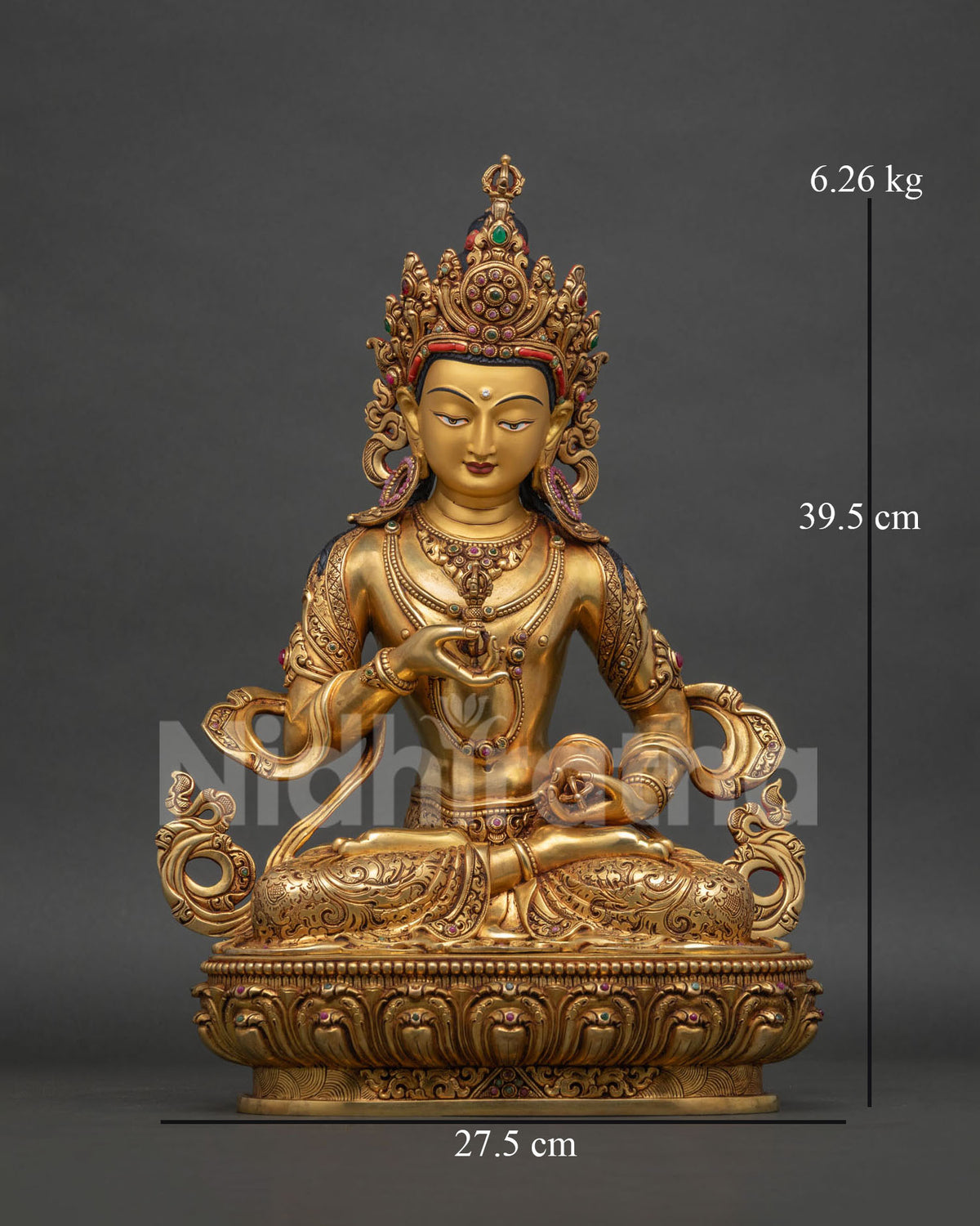 Front view of Vajrasattva Statue, 24K gold gilded Nepalese Buddhist sculpture on lotus base