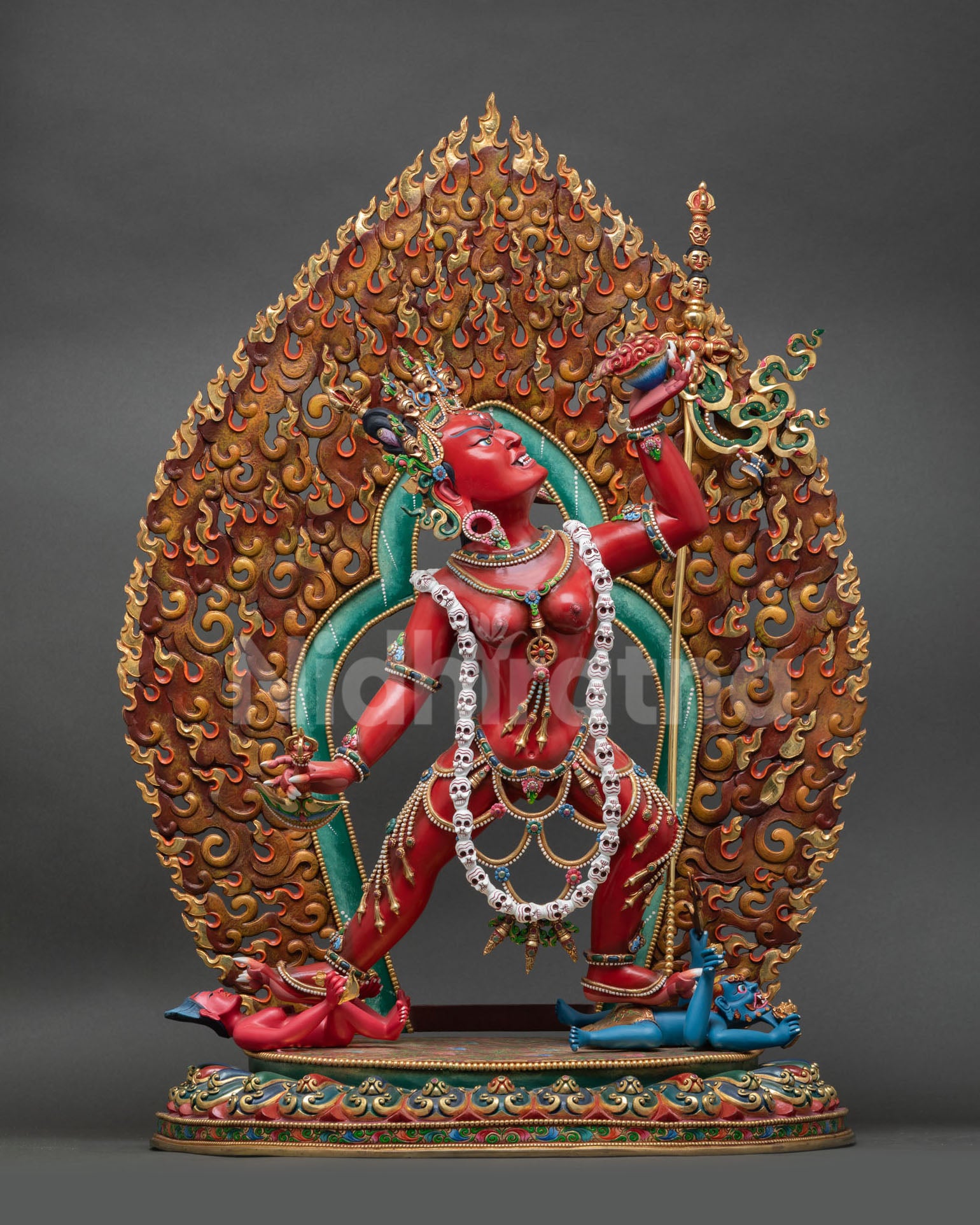 front view of vajrayogini statue, copper gold gilded tantric buddhist art nepal