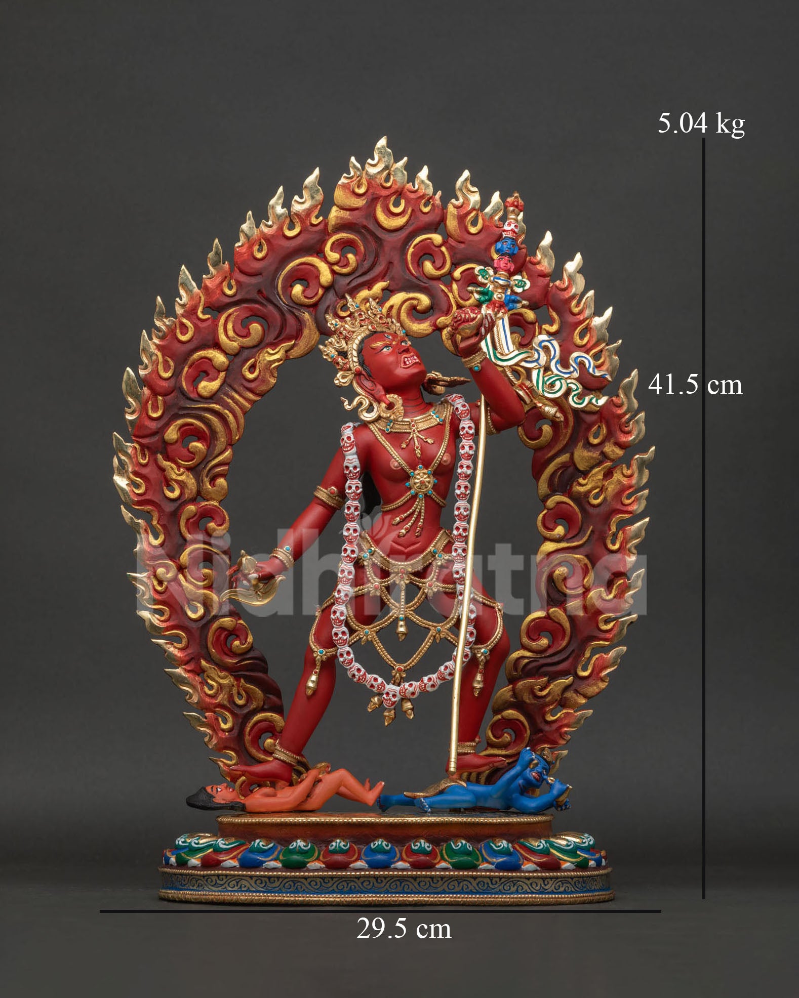 Front view of Vajrayogini statue with 24K gold gilding and acrylic painted details