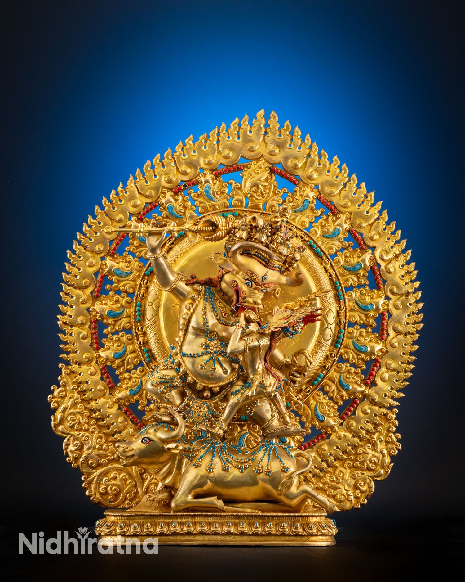 Front view of Yamantaka with consort statue in gold gilded copper, Buddhist sculpture from Patan Nepal.