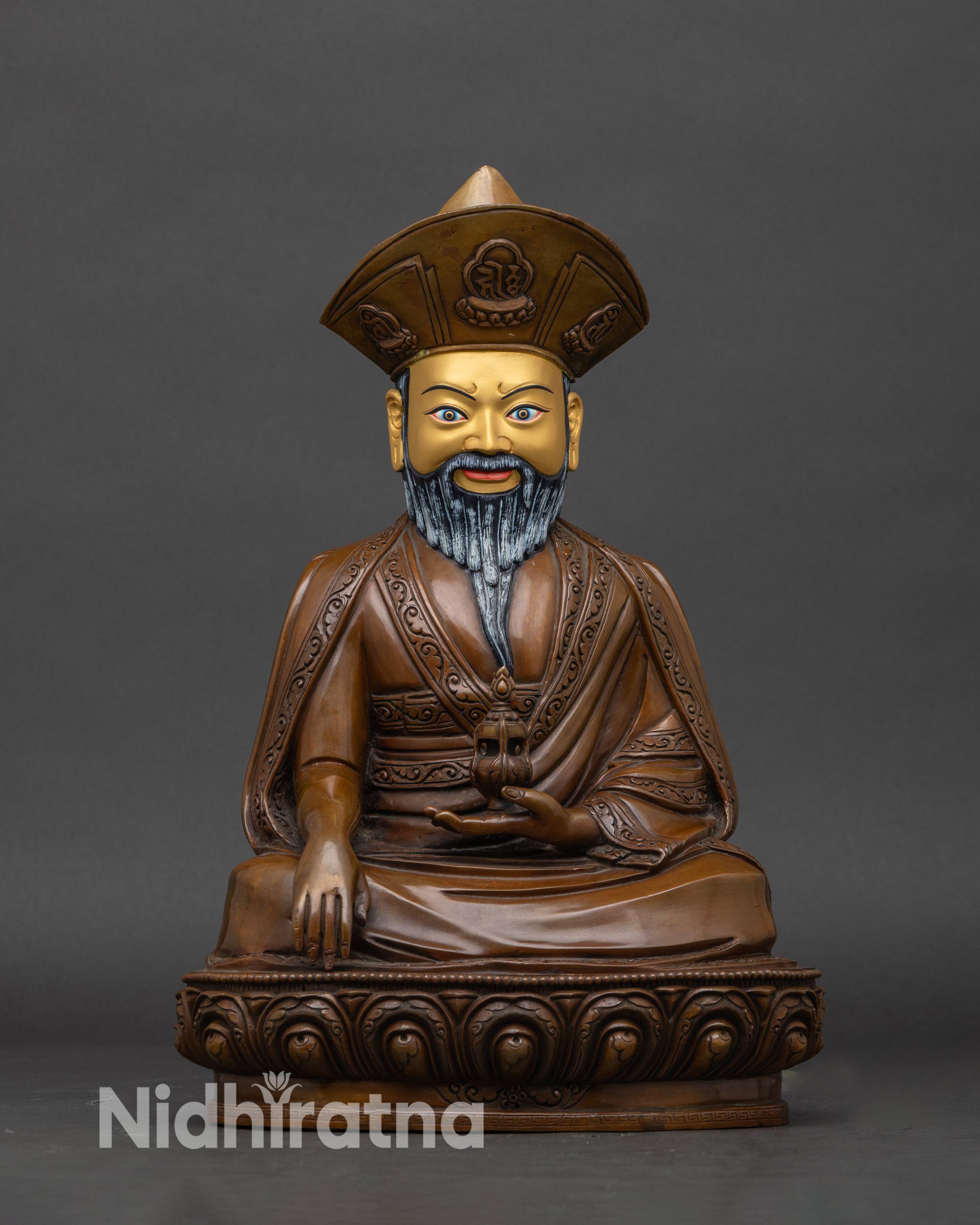 Front view of zhabdrung rinpoche statue, handcrafted nepalese copper with 24k gold face and ritual detailing