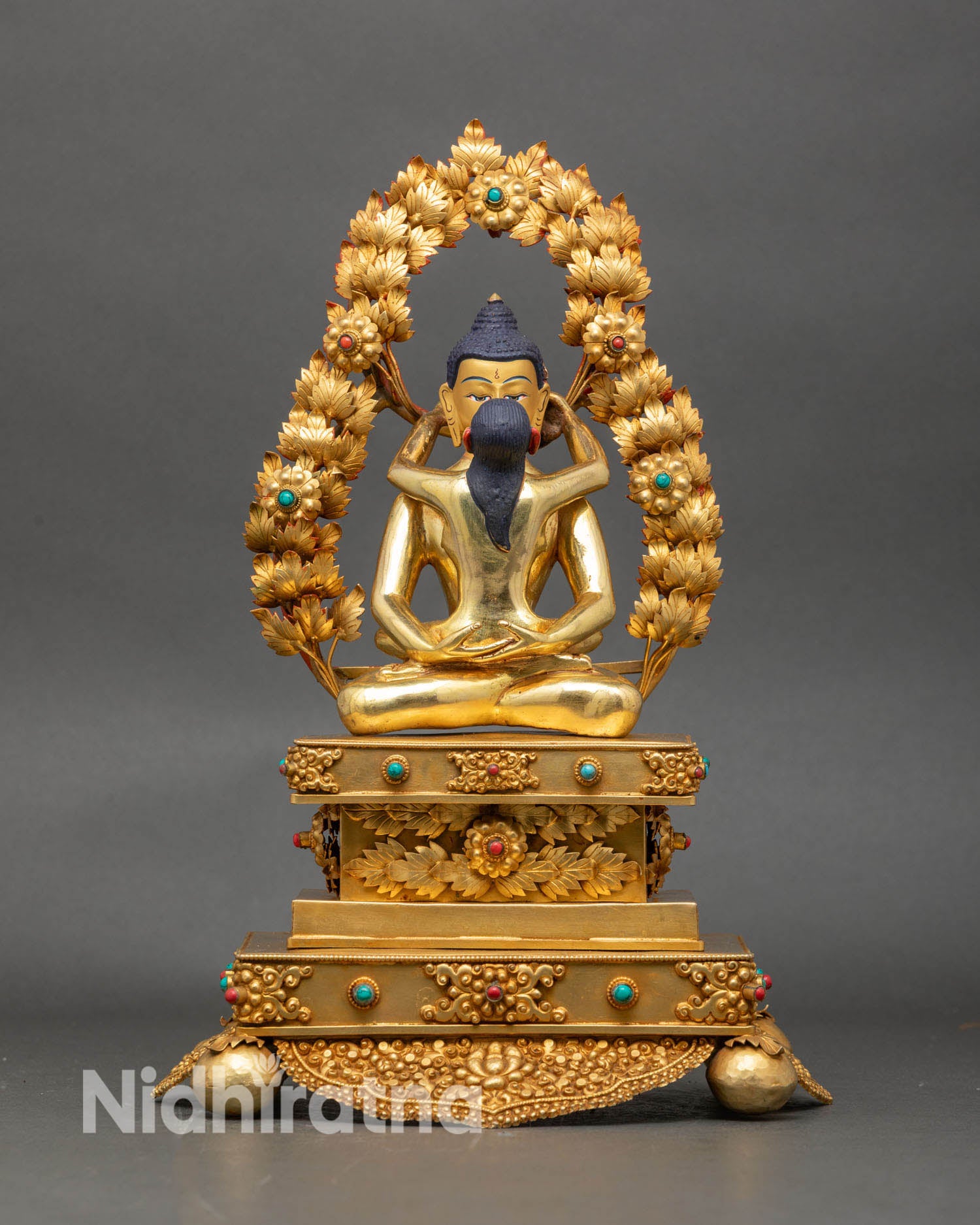 Front view of Samantabhadra with consort statue copper sculpture 24k gold gilding lotus pedestal ornate throne Nepal handmade Buddhist art