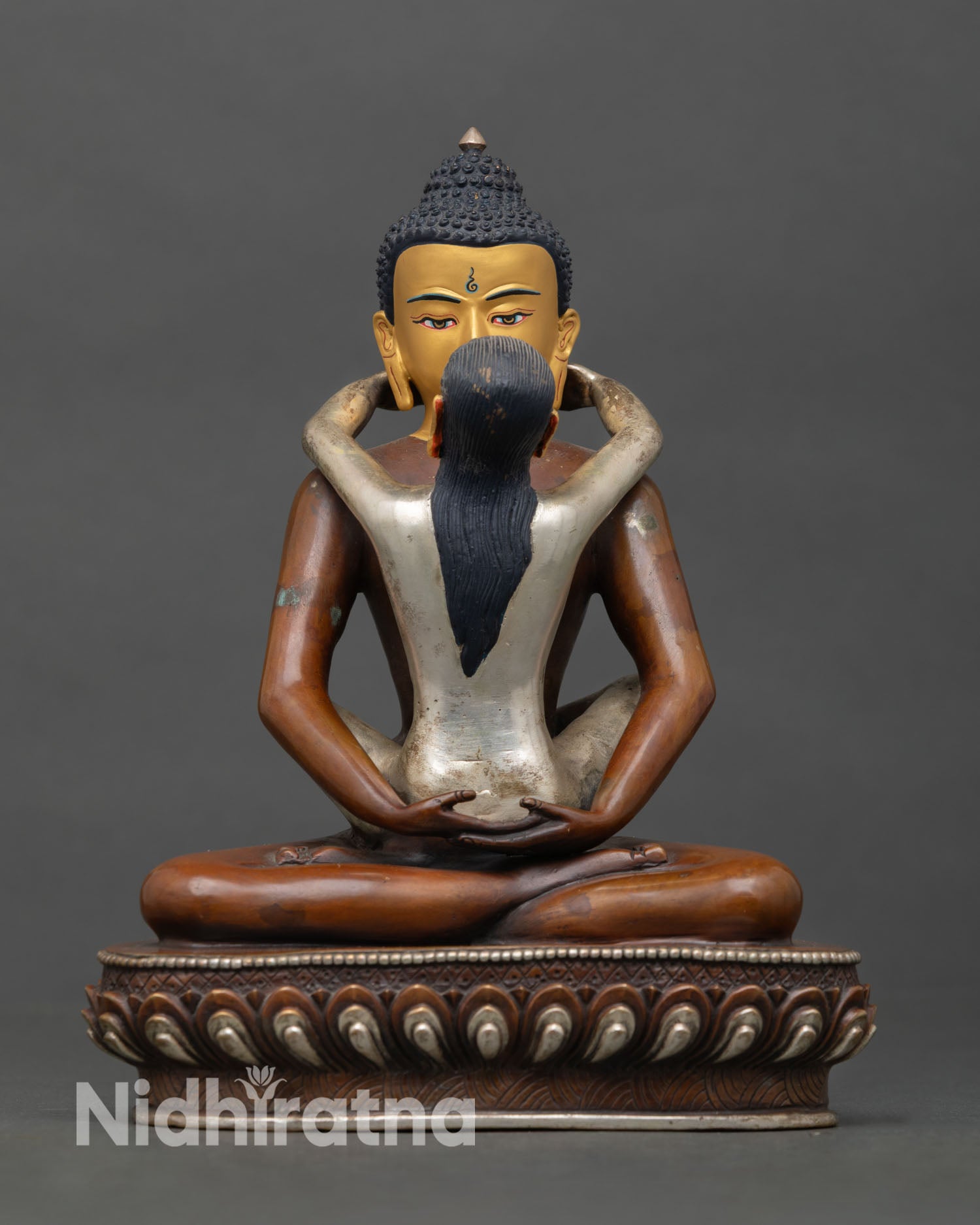 Front view of Samantabhadra with Consort statue, Nepal lost wax bronze, oxidized silver details