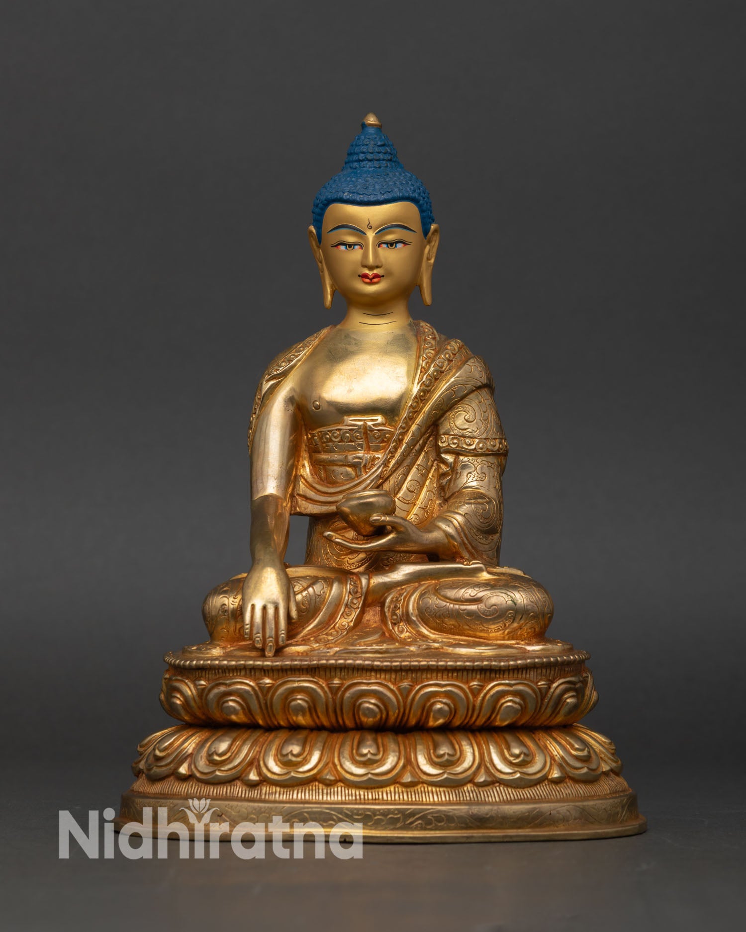 Front view of Shakyamuni Buddha Statue copper 24k gold gilded lotus throne meditation nepal