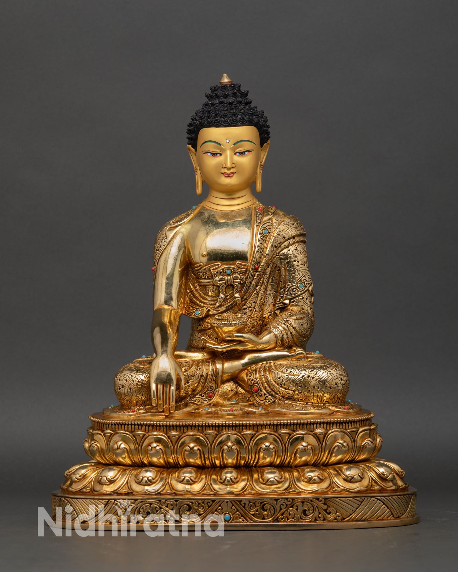 front view shakyamuni buddha statue copper alloy gold gilded nepalese handcrafted sculpture with lotus pedestal