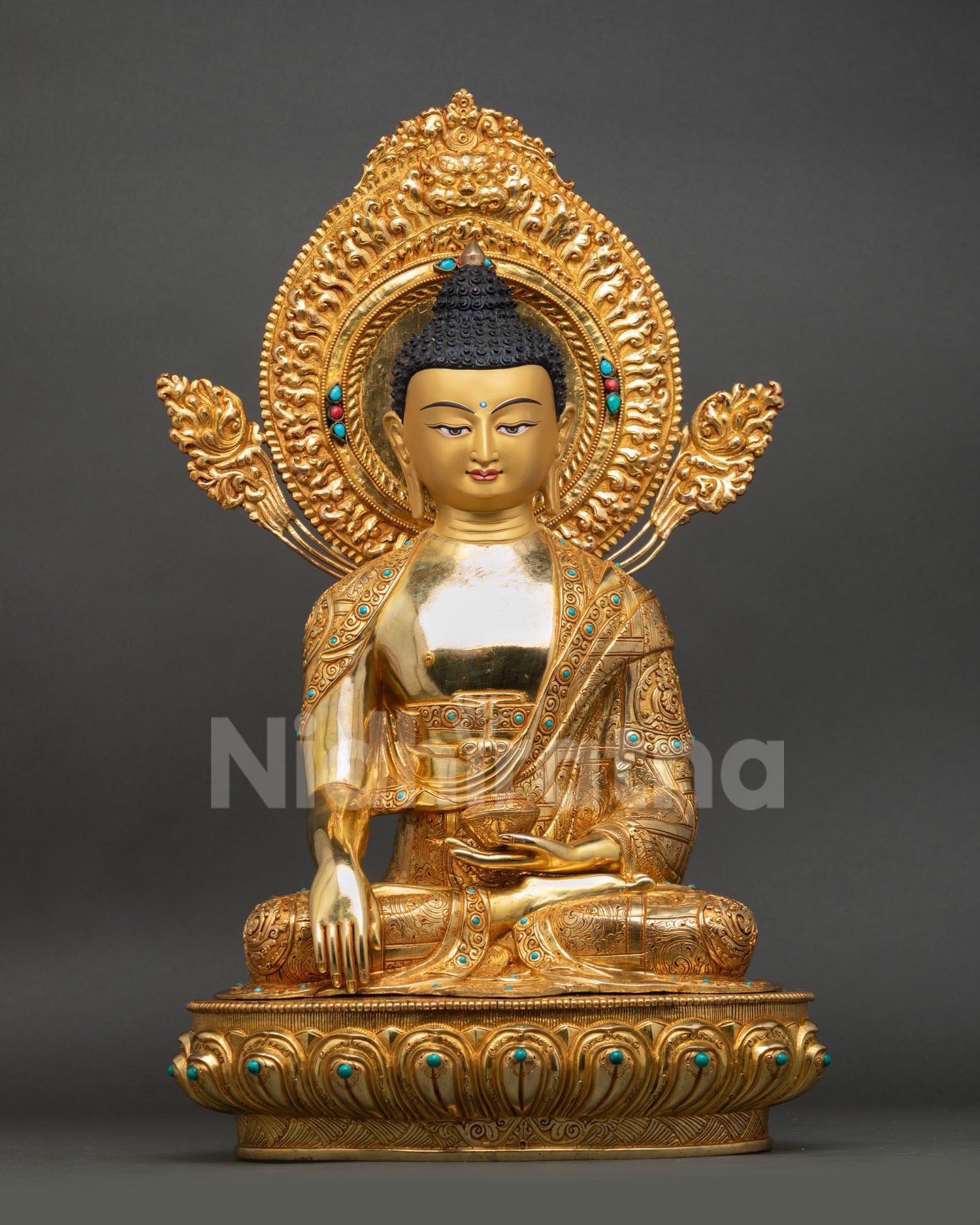 front view shakyamuni buddha statue, gold fire-gilded copper, bhumisparsha mudra nepal art