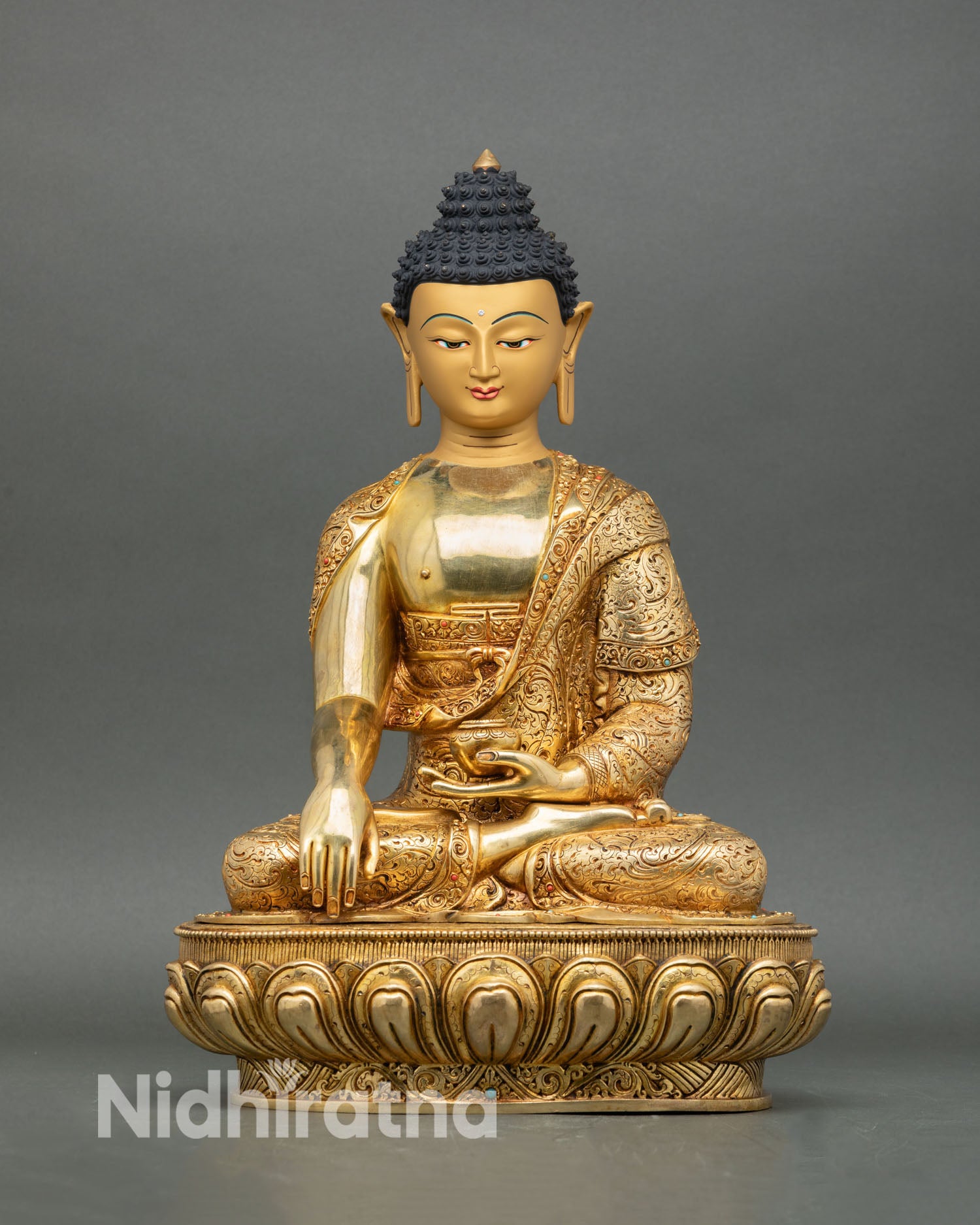 Front view of Shakyamuni Buddha statue gold gilded copper handmade in Nepal Patan
