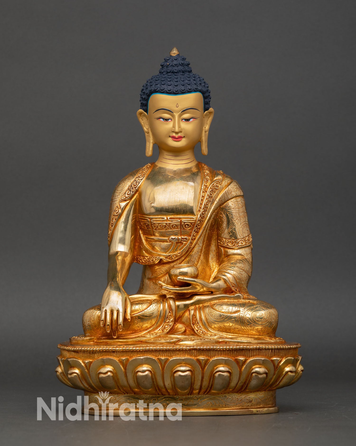 Front view of Shakyamuni Buddha statue, gold-gilded copper lotus pedestal meditation décor