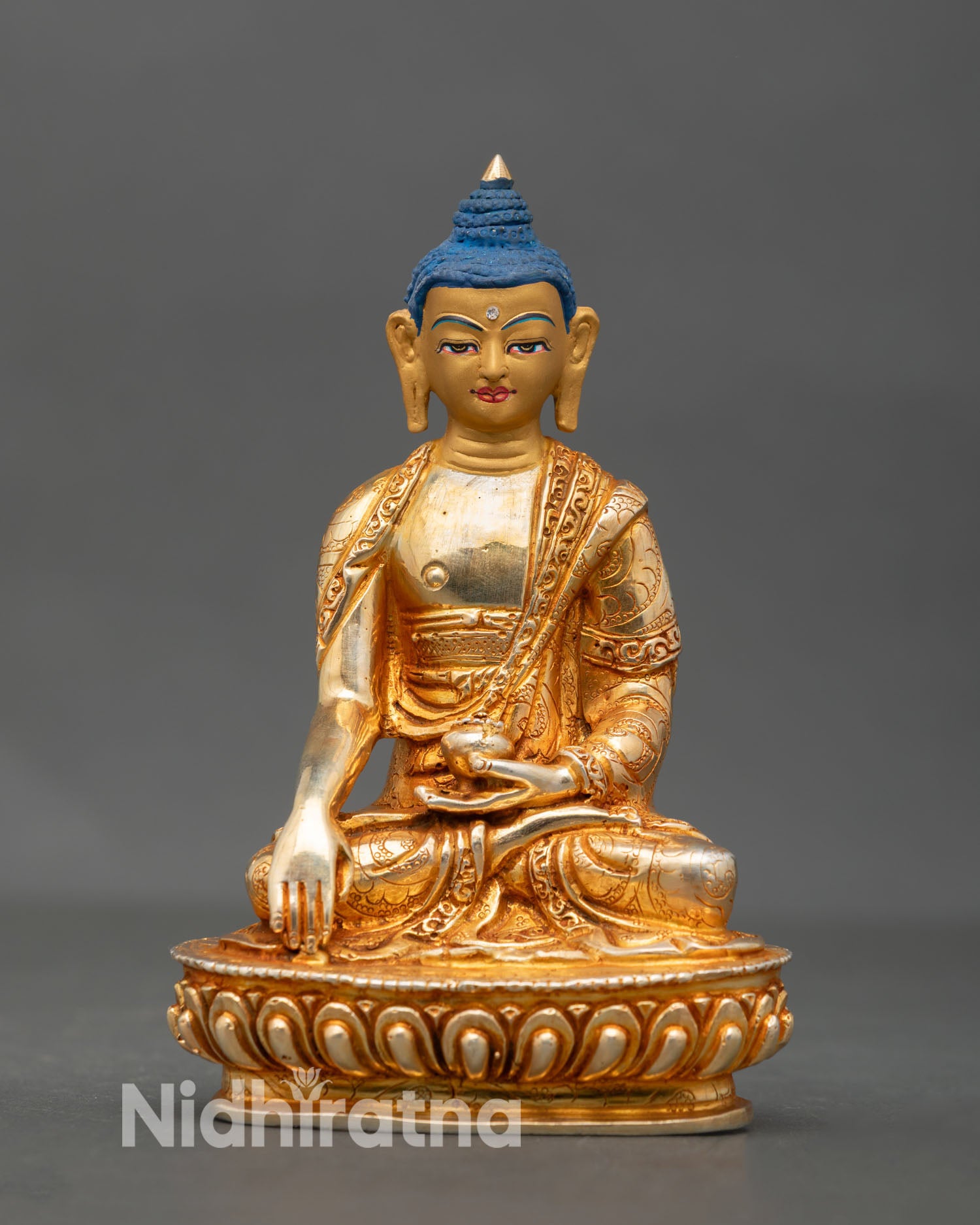 Front view of Shakyamuni Buddha statue gold gilded copper Nepal handmade shrine decor meditation altar