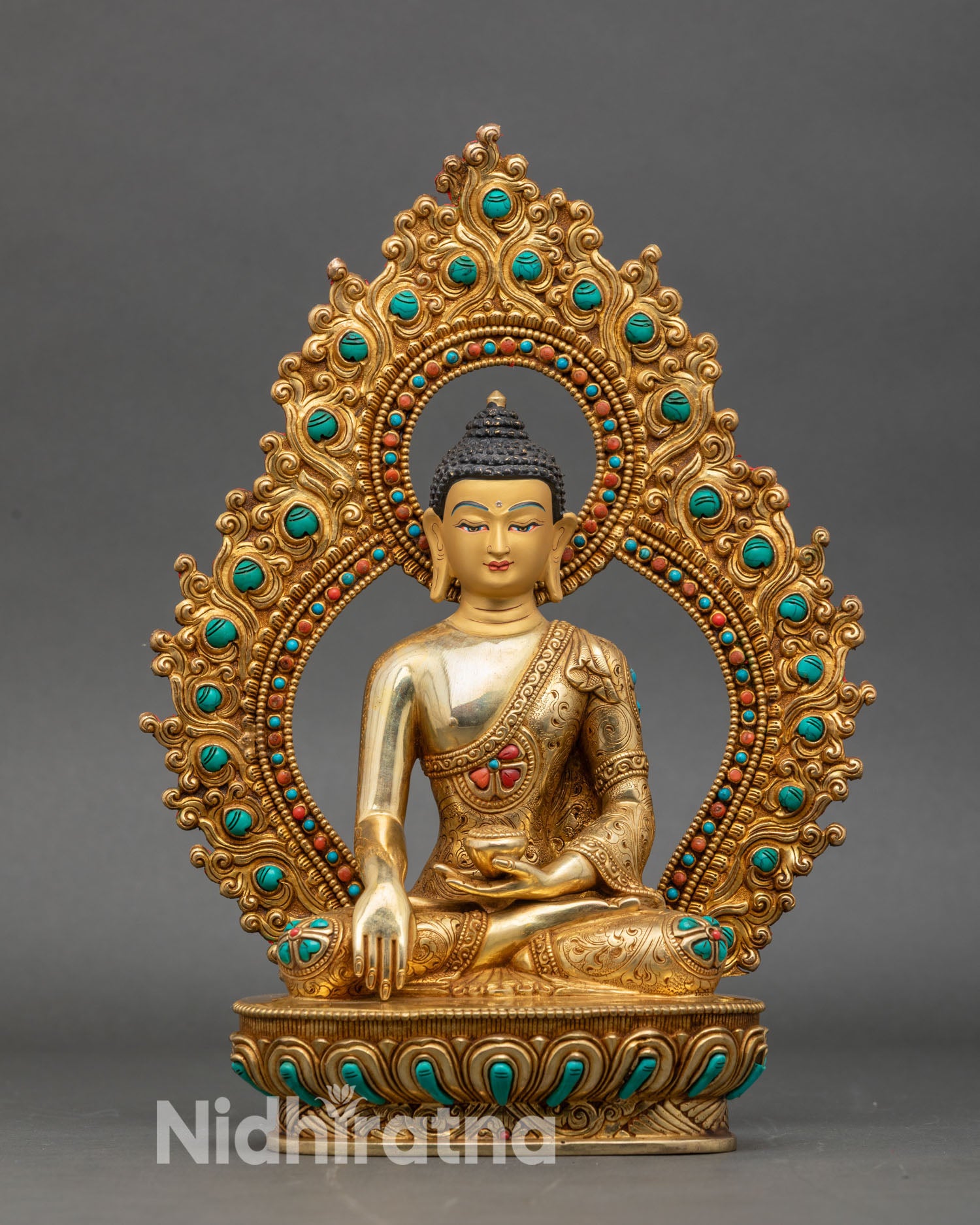 Front view Shakyamuni Buddha statue handcrafted gold gilded copper lotus throne Nepal