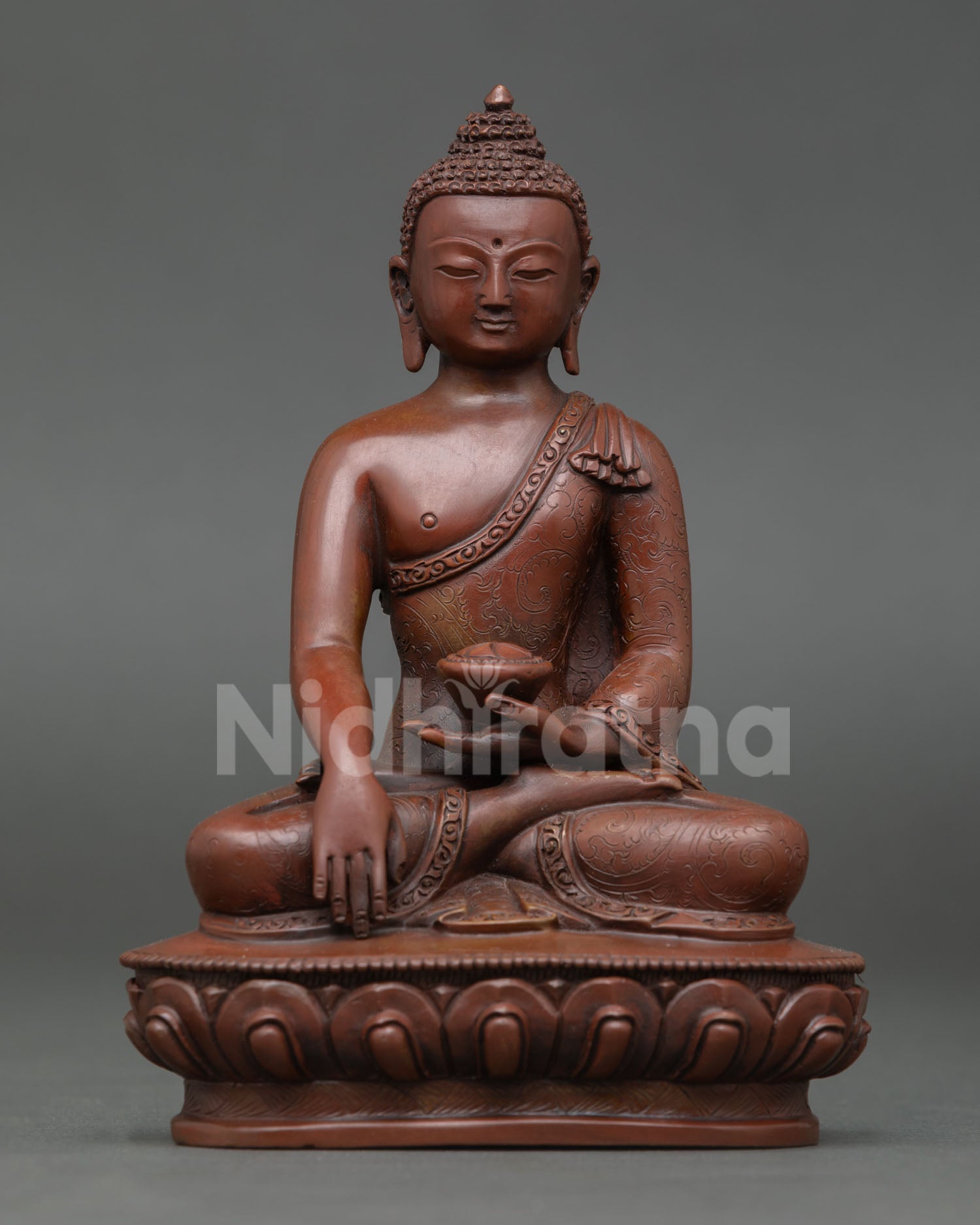Front view of Shakyamuni Buddha statue handcrafted Nepal copper oxidized finish, Bhumisparsha mudra meditation altar sacred Buddhist sculpture