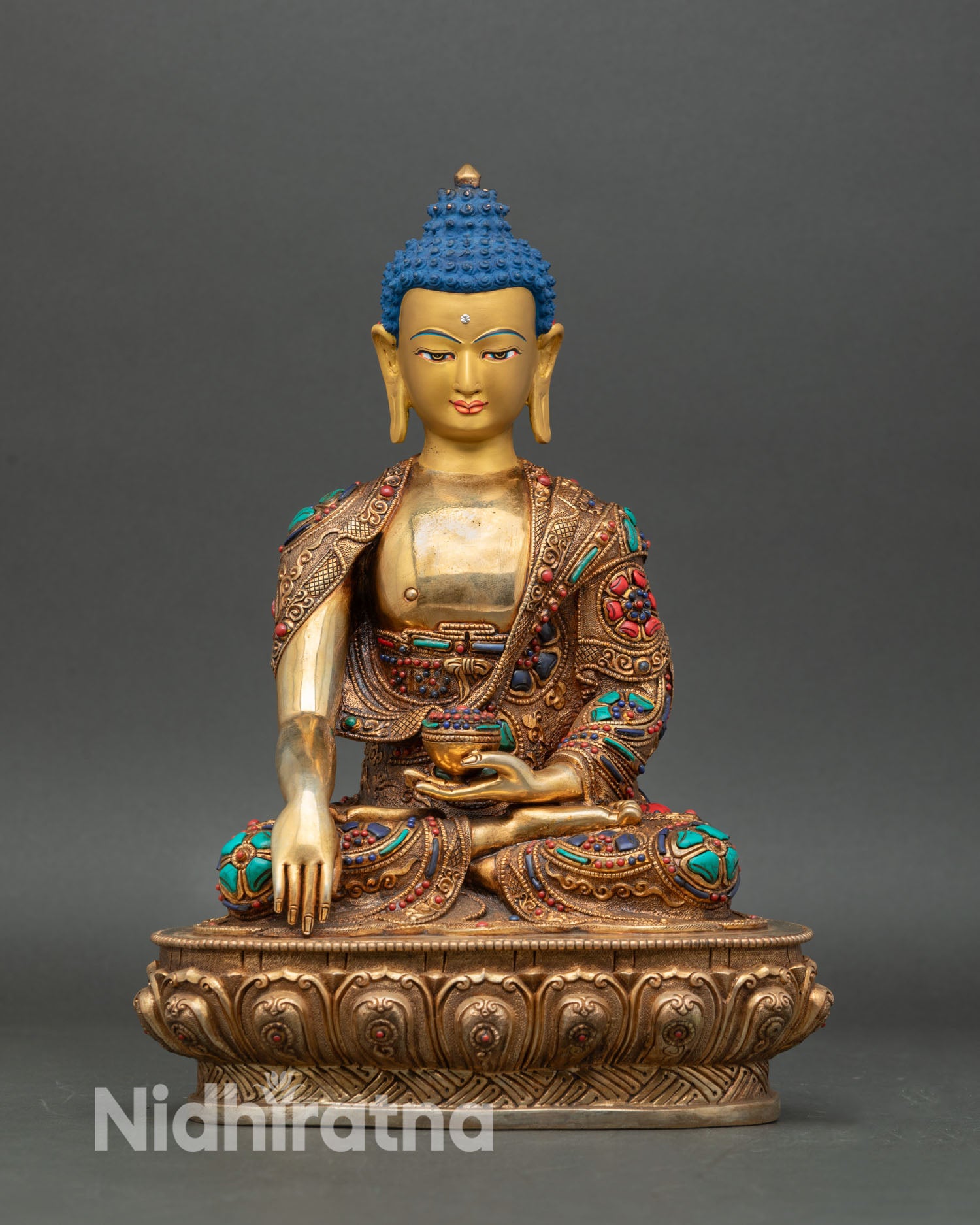 Front view of Shakyamuni Buddha statue Nepal copper 24K gold gilded lotus pedestal meditation altar decor