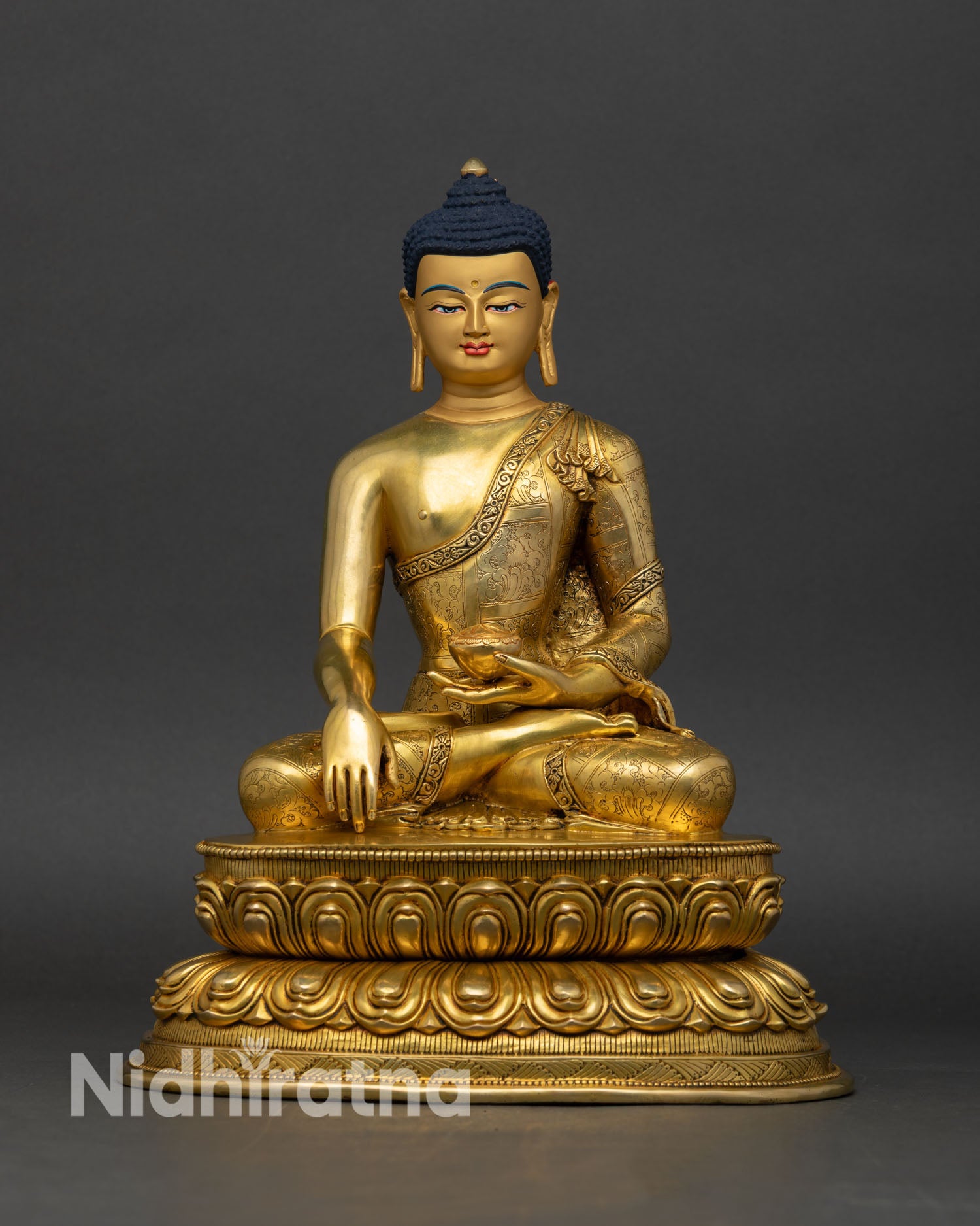 Front view Shakyamuni Buddha statue Nepal copper earth witness gesture lotus pedestal meditation altar decor