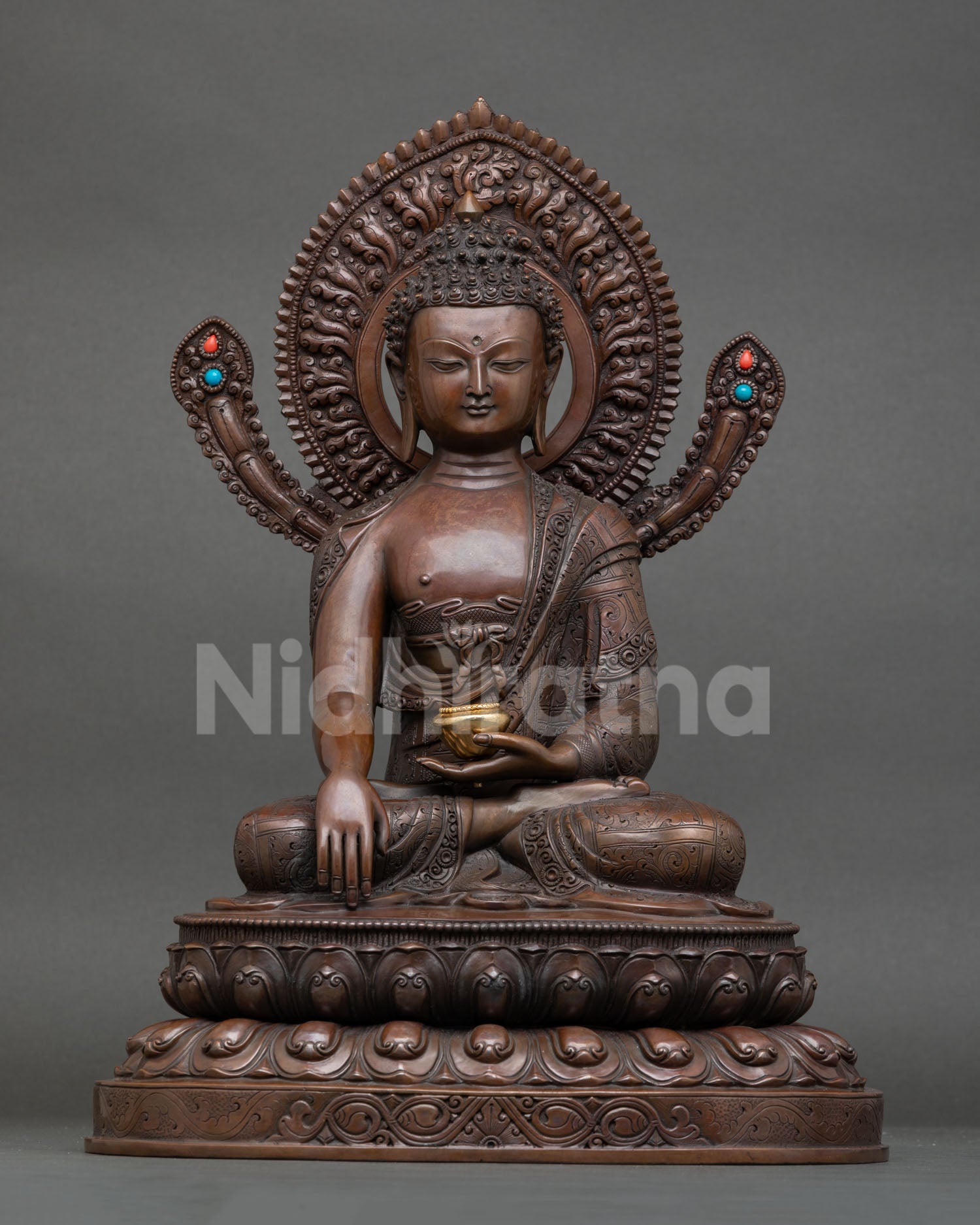front view shakyamuni buddha statue oxidized copper earth touching mudra lotus halo alms bowl