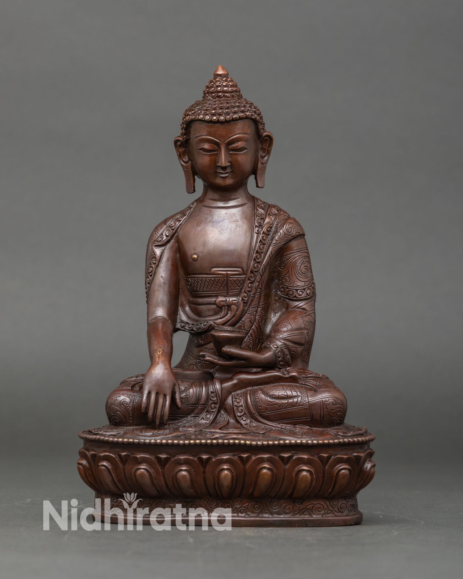 Front view Shakyamuni Buddha statue oxidized copper Himalayan meditation sculpture