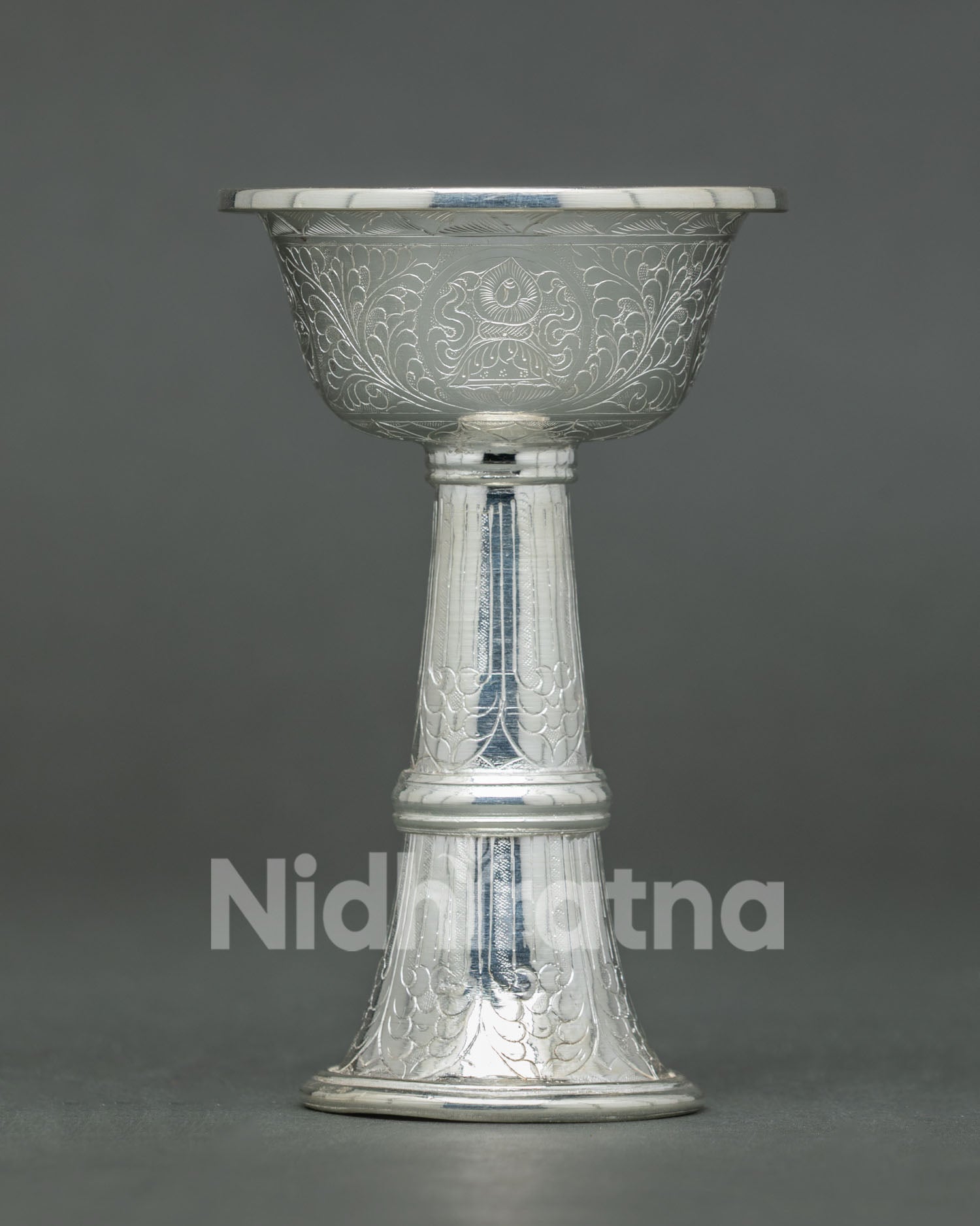 Front View Silver Serkyem Offering Cup – Handcarved Stem Chalice for Dharma Protector Puja Nepal