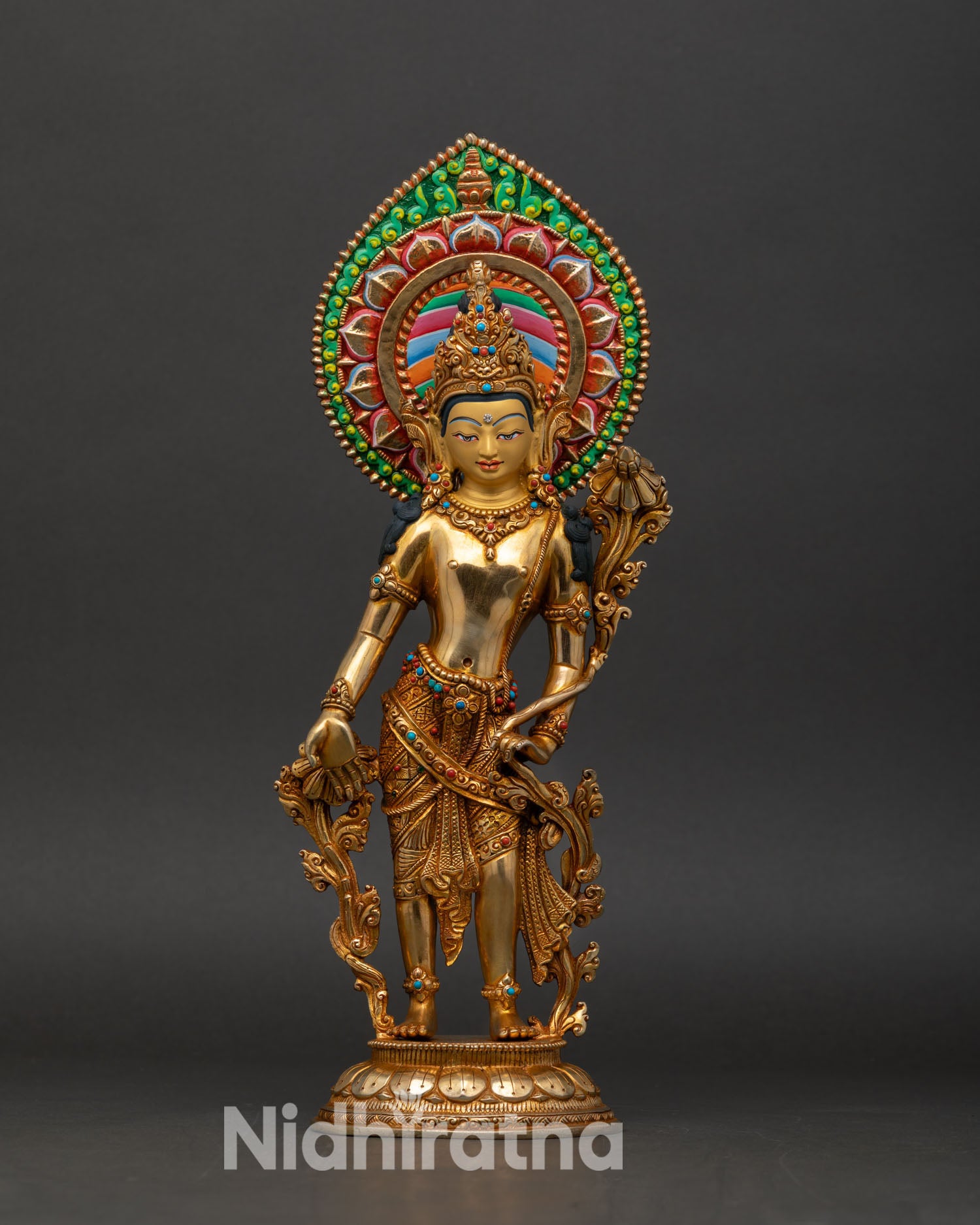 front view standing avalokiteshvara statue 24k gold gilded copper bodhisattva compassion buddha nepal prabhavali