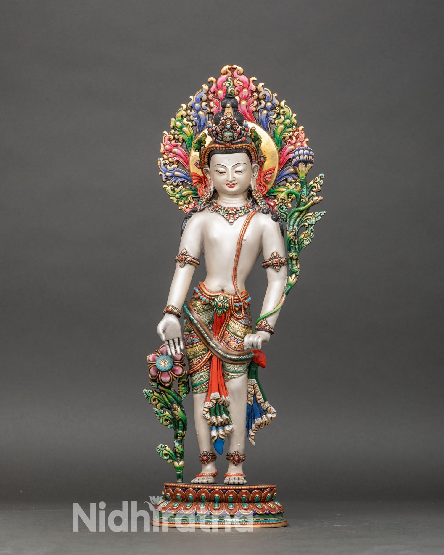 front view standing chenrezig statue copper with gold gilded crown and halo