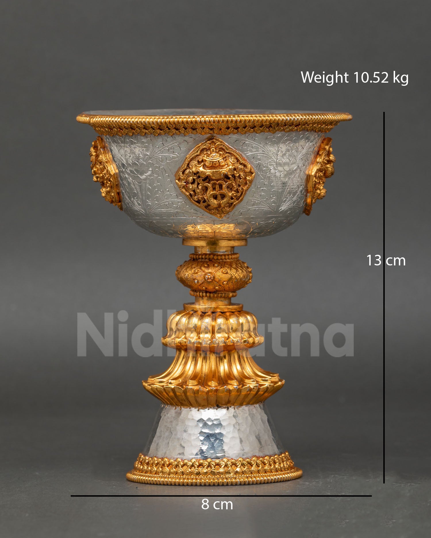 Front view of Tibetan butter lamp handcrafted in copper with gold and silver plated finish, featuring sacred Buddhist ritual oil lamp for daily offerings and altar use