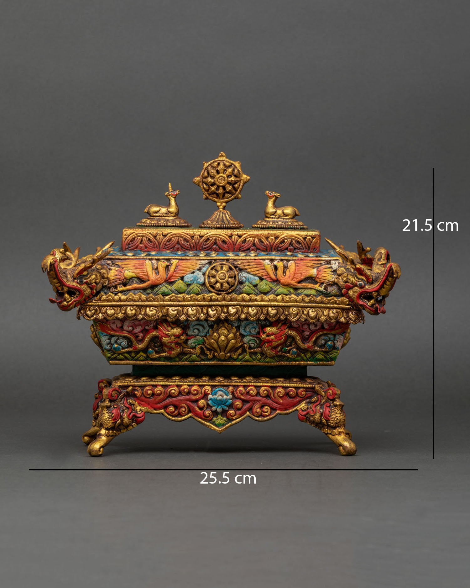 Front view Tibetan incense burner 24K gold plated copper with Dharma Wheel design