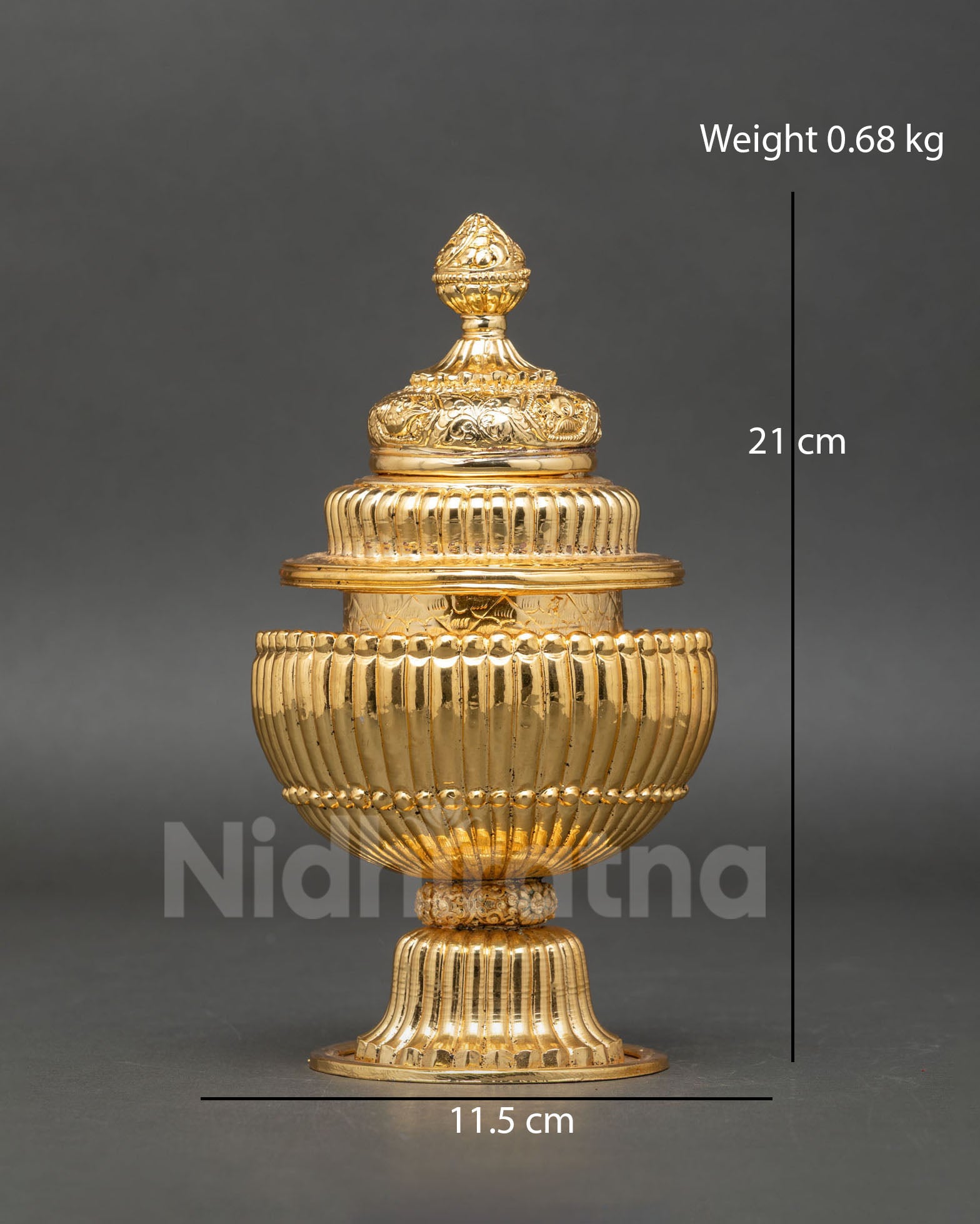 Front view of Tibetan Neshi Rice Pot handcrafted in copper with gold plated finish, showing sacred Buddhist offering vessel with floral motifs