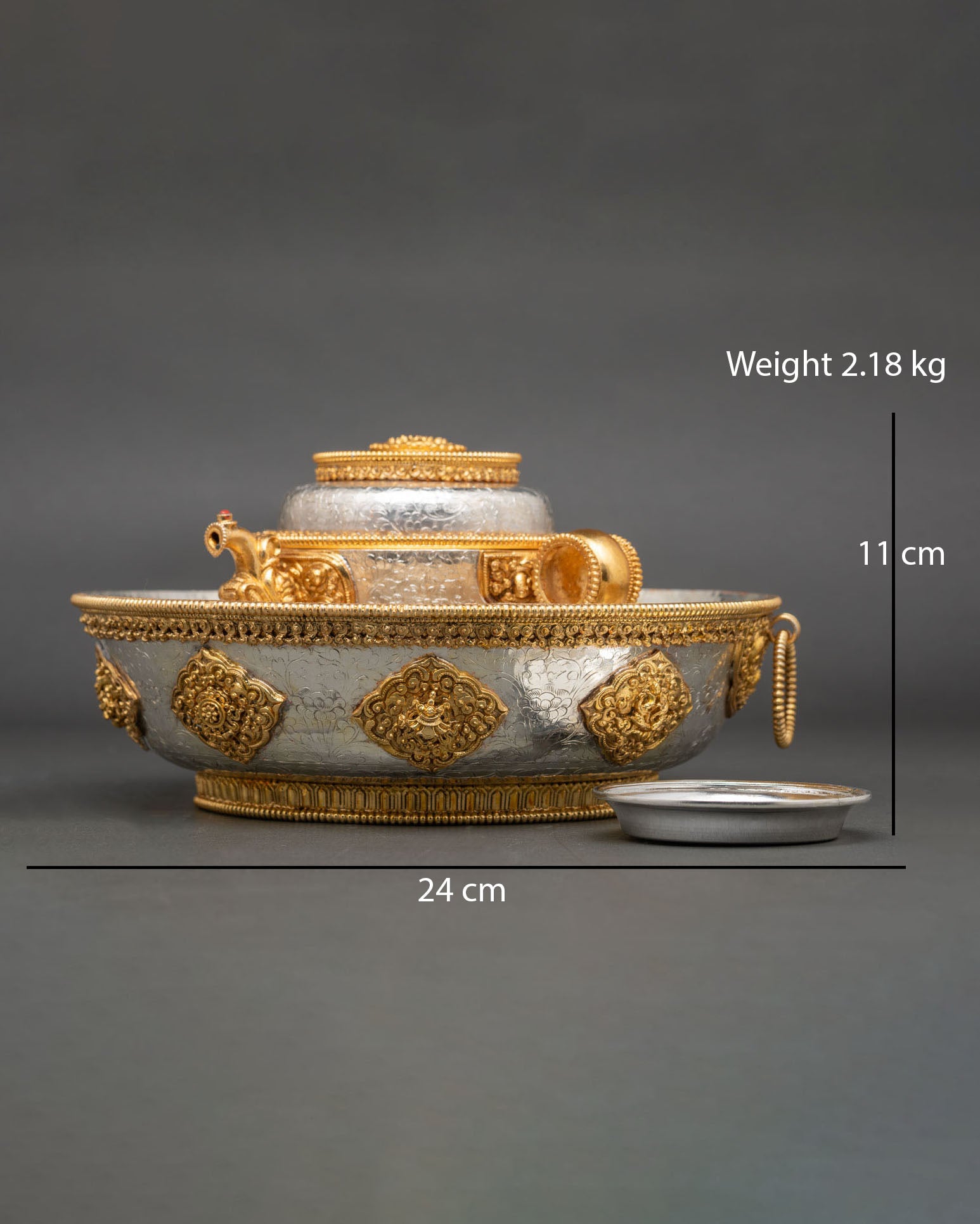 Front view tibetan torjang plate set gold and silver plated copper teapot plate bowls