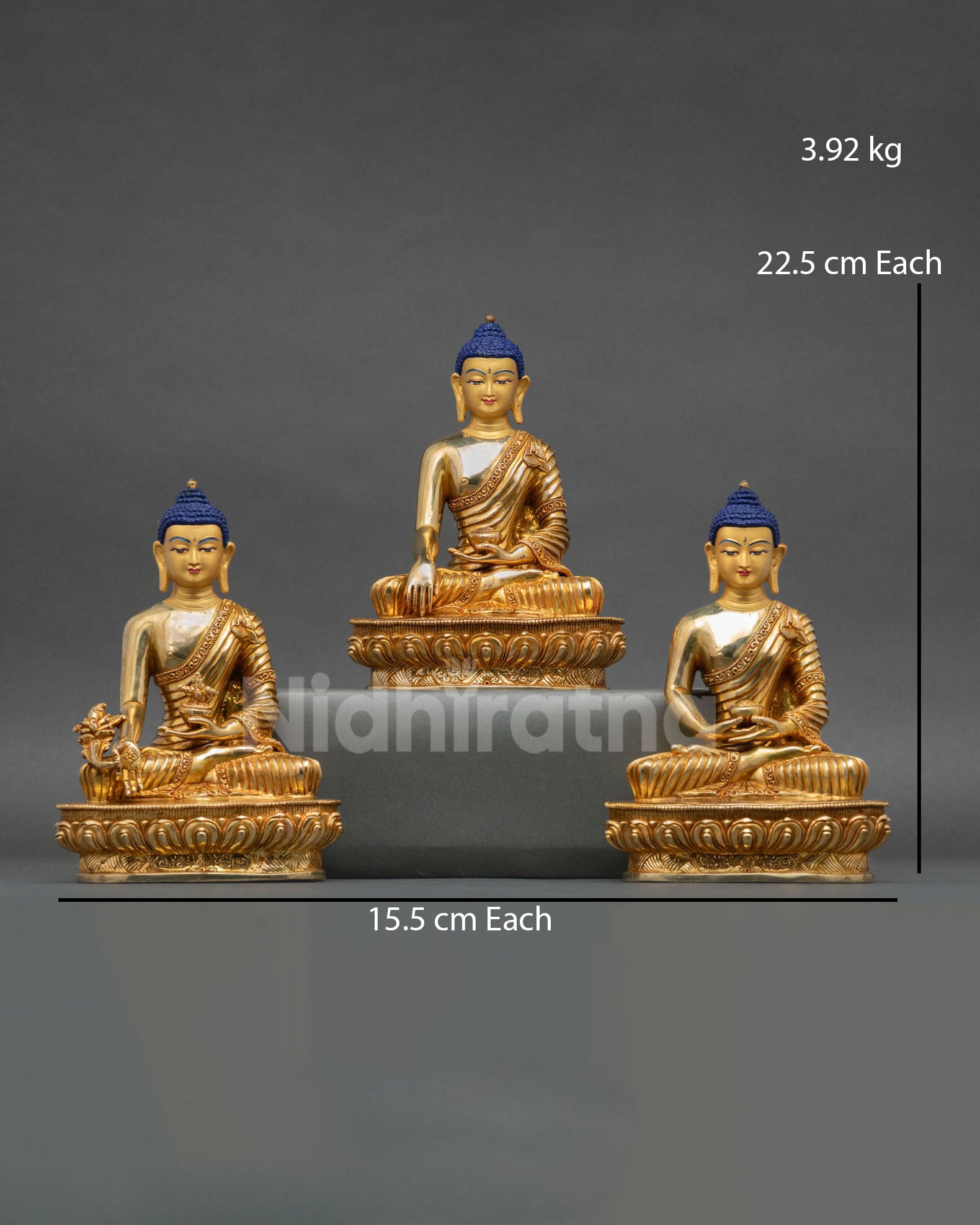 Front view of Trio Buddha Set, Amitabha, Medicine Buddha, Shakyamuni handcrafted copper 24K gold fire gilded statues, gold-painted face Himalayan art