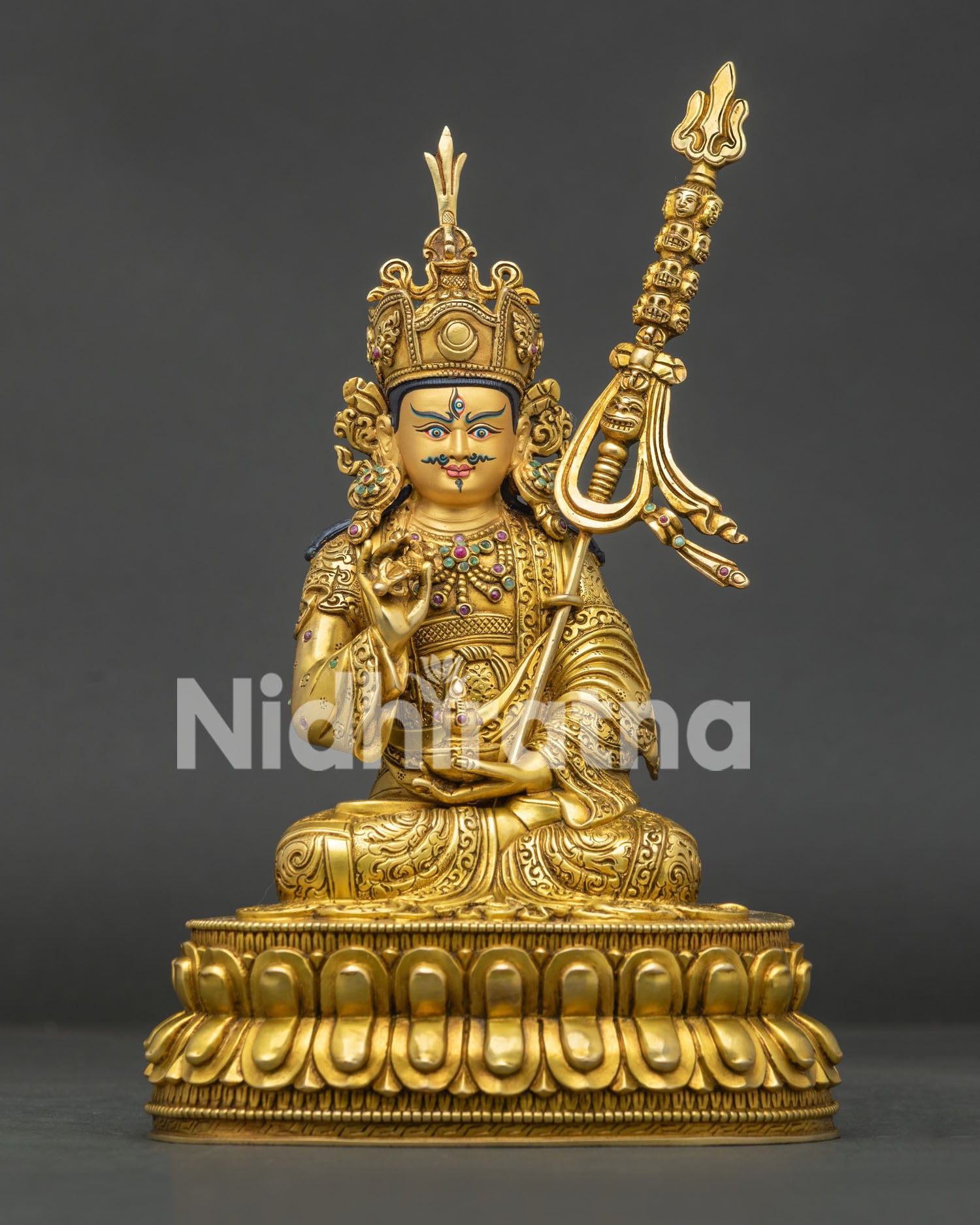 Front View Tsokye Dorje Statue Handcrafted Nepal Gold Fire Gilded Copper Buddhist Sculpture