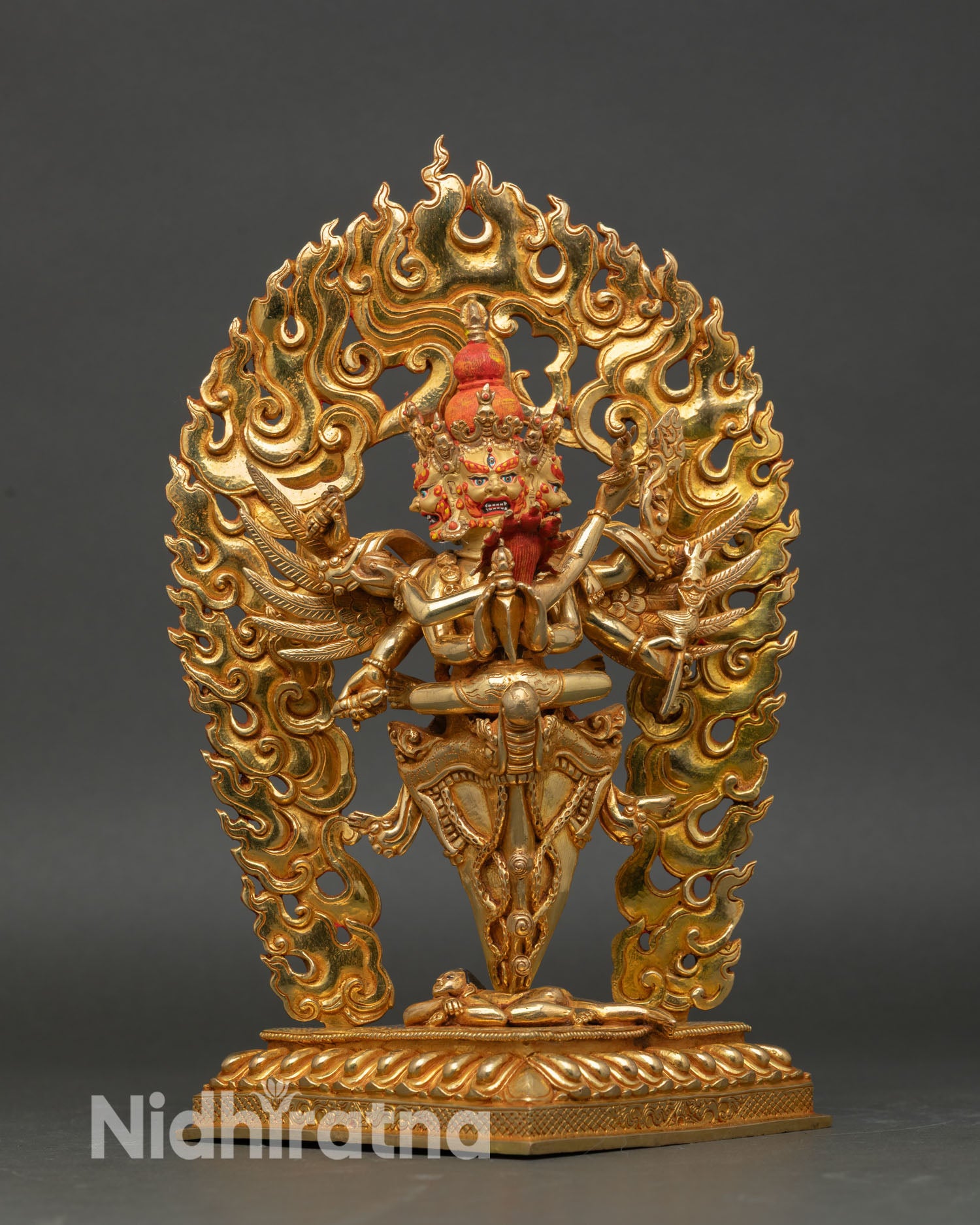 Front view of Vajrakilaya statue, copper gold fire gilded, Nepal handmade Buddhist protector deity sculpture for altar and meditation