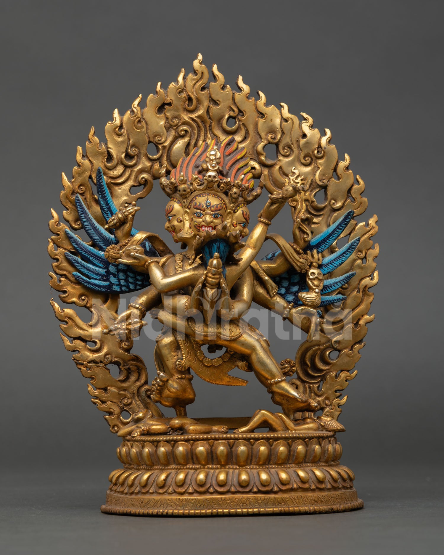 Front view Vajrakilaya wrathful protector statue handcrafted in Nepal copper with gold fire gilding for Buddhist altar decor