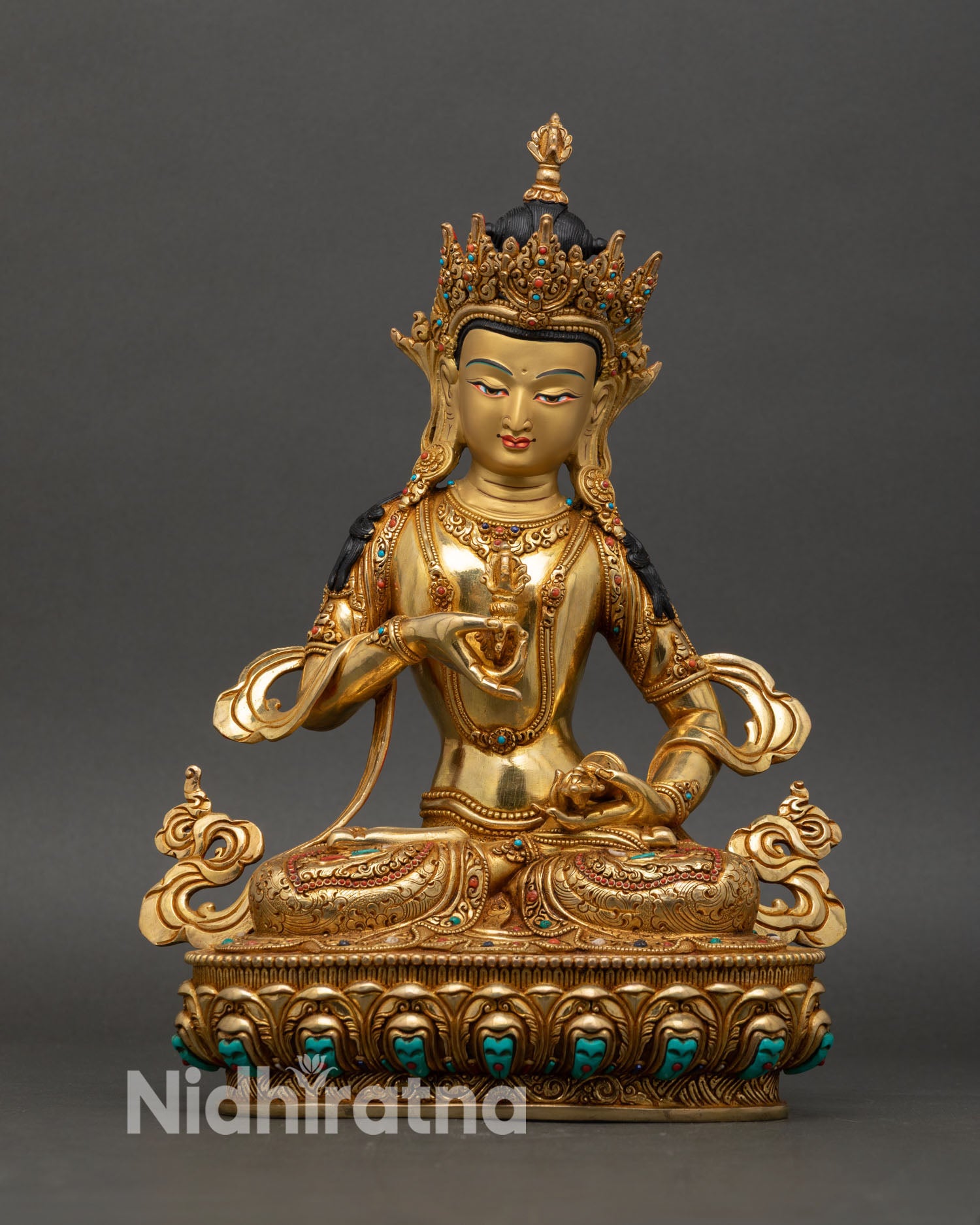 Front view of Vajrasattva statue gold gilded copper Buddhist purification deity Nepal handmade