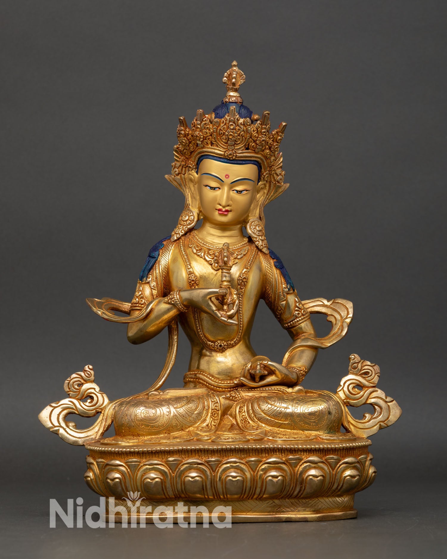 Front view of Vajrasattva statue handcrafted copper 24K gold gilded lotus pedestal