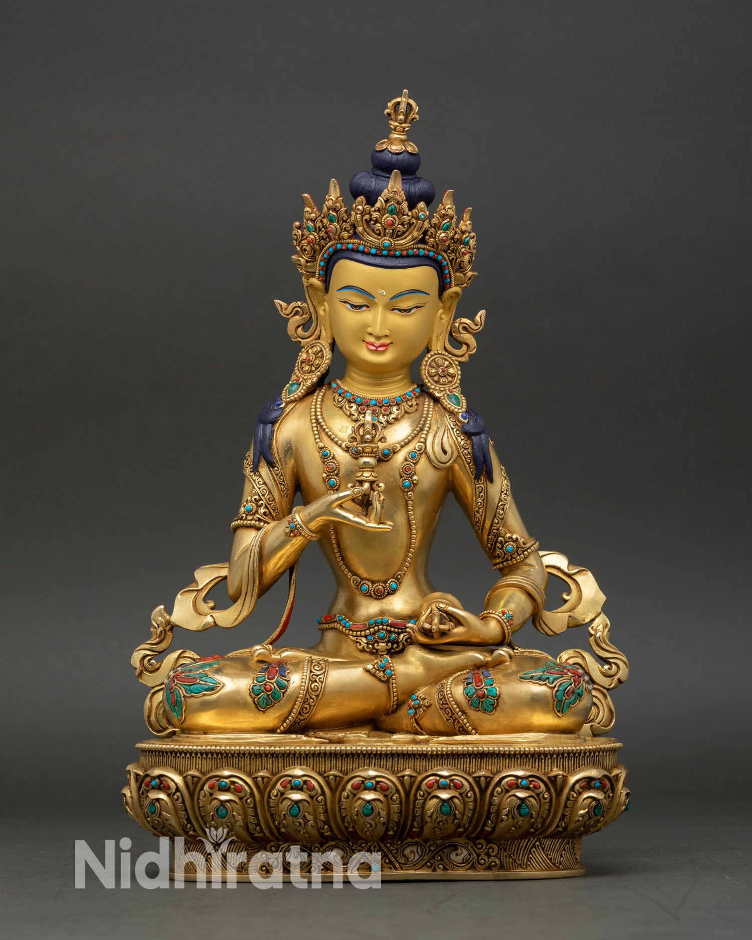 Front view of Vajrasattva statue, handcrafted in Nepal, copper lost wax with 24K gold gilding