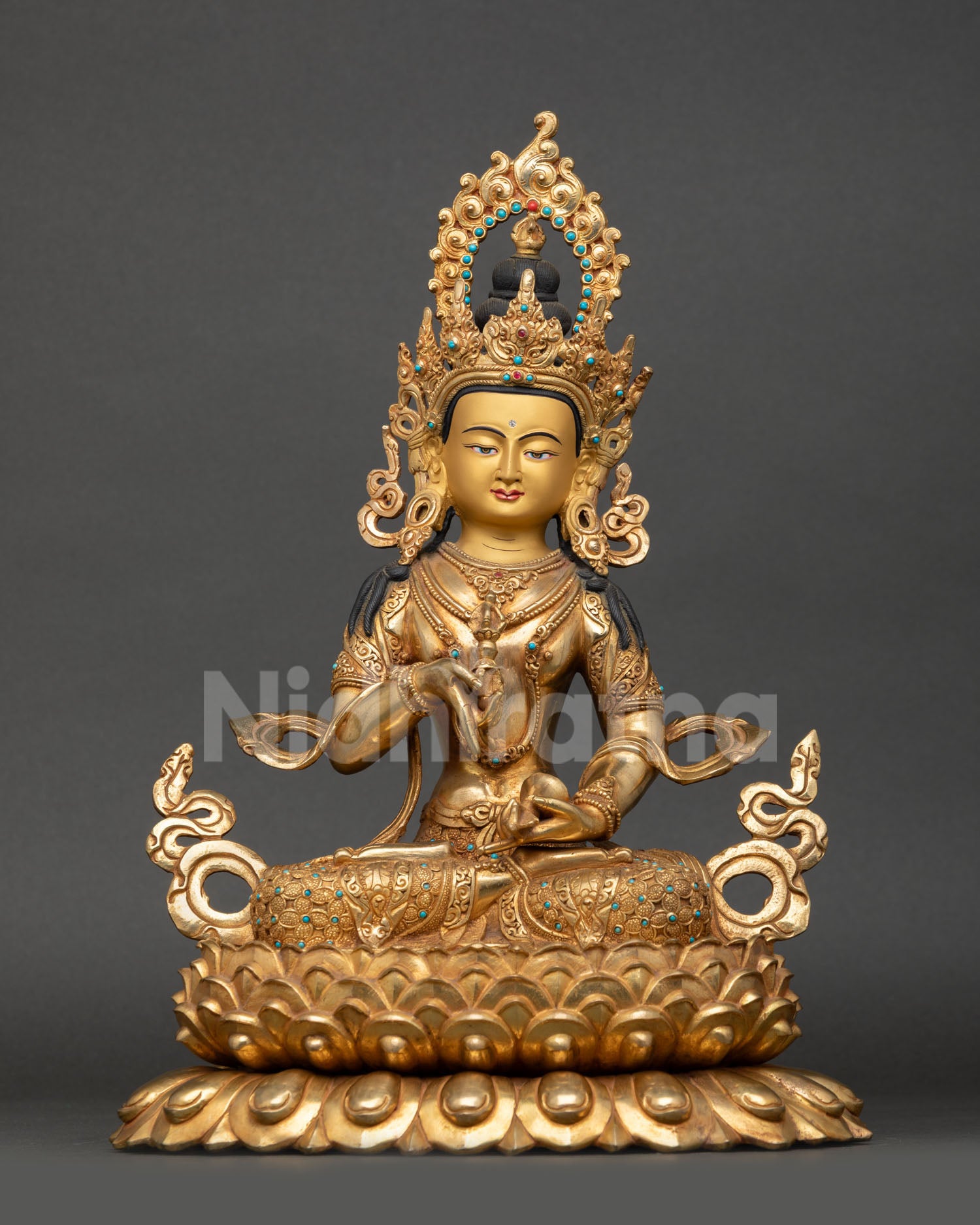 Front view of Vajrasattva statue Nepal handcrafted copper sculpture 24K gold gilded Patan Newari artisan, purification deity altar decor