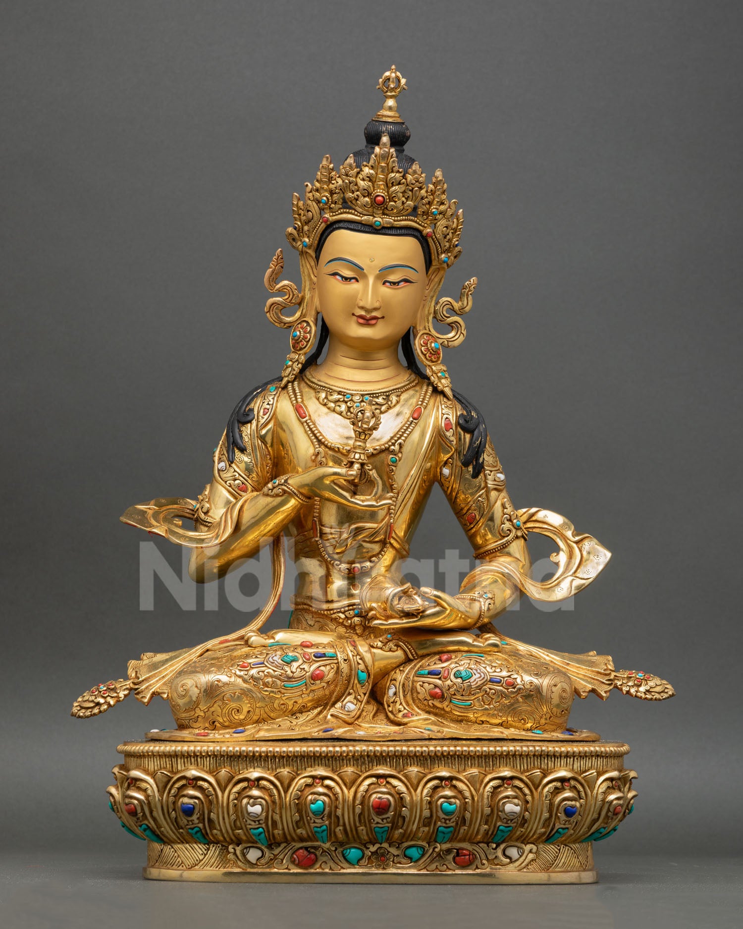 Front view of Vajrasattva statue with 24K gold gilding and semi precious stone inlays