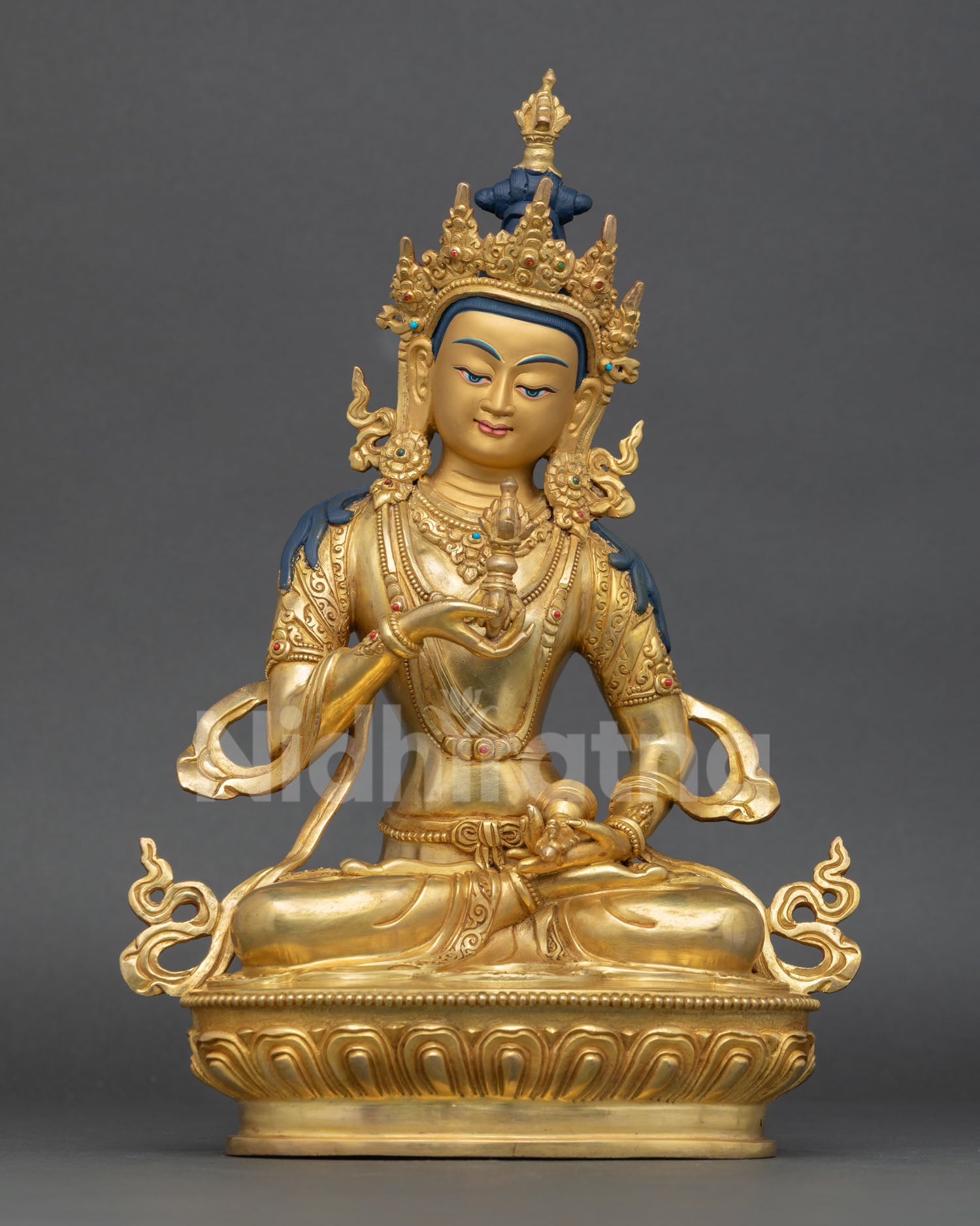 Front view of Vajrasattva statue with 24K gold gilding semi precious stones and Himalayan copper craftsmanship