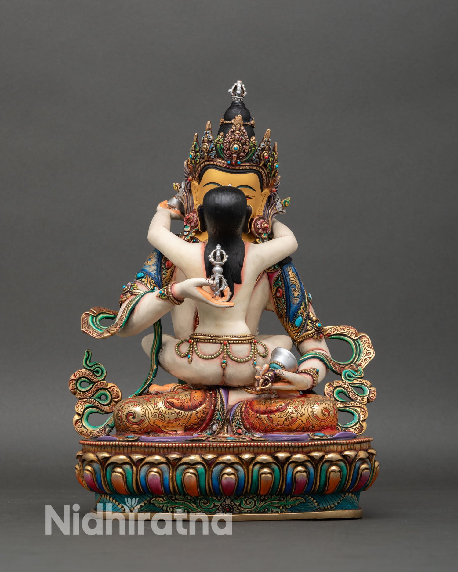 Front view of Vajrasattva Yab Yum statue, copper alloy sculpture, Nepal, lost wax casting, gold gilded details, meditation, tantric Buddhist art