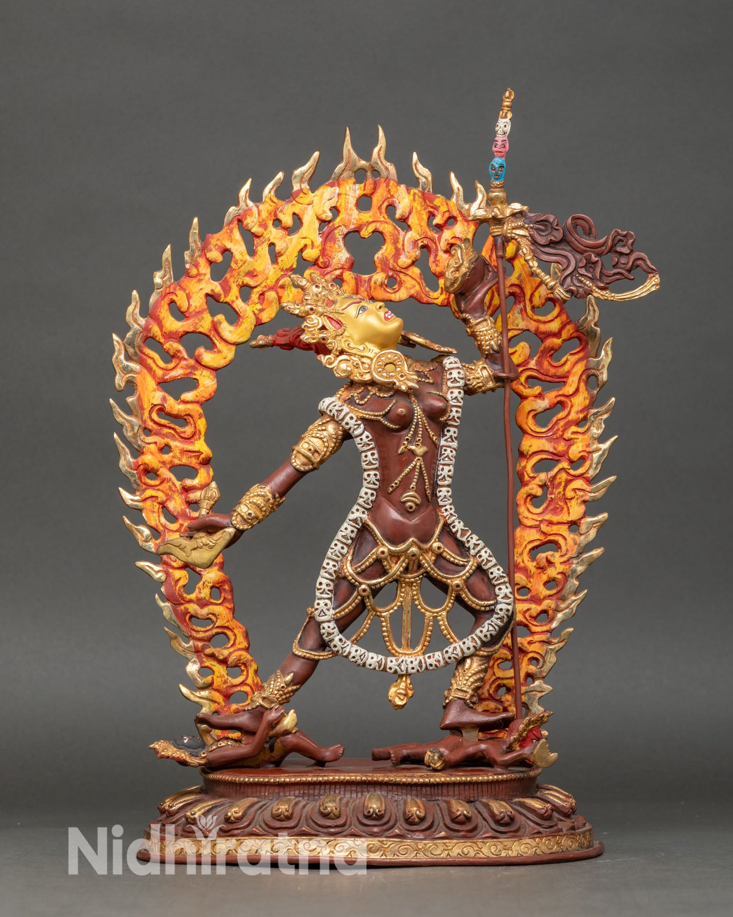 Front view of Vajrayogini Dorje Narjolma Nepalese copper statue with gold gilded face