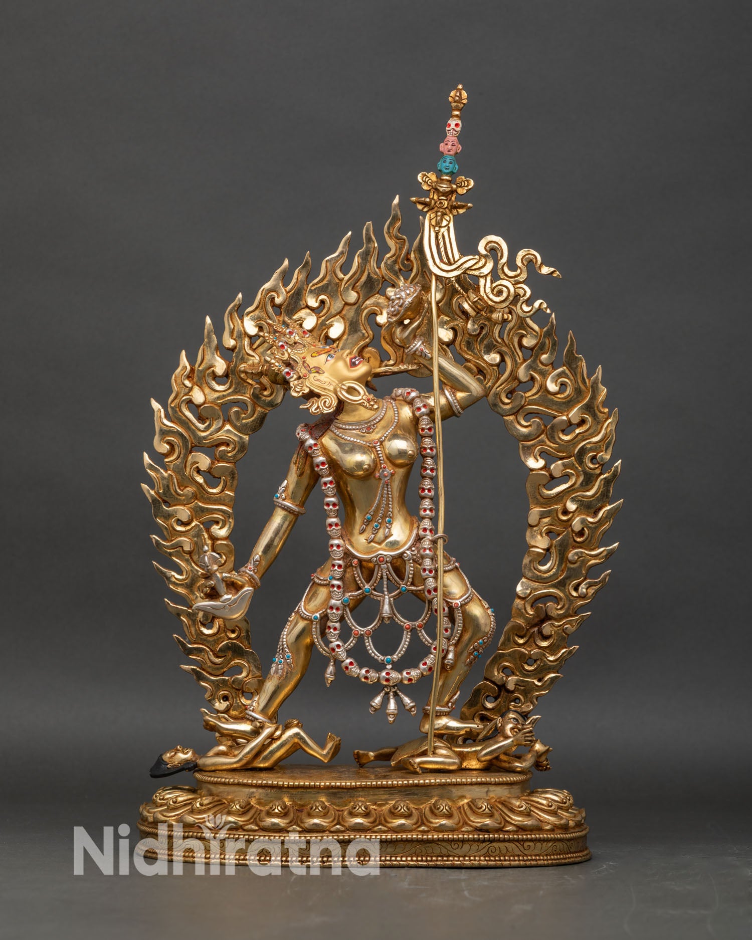 Front view of Vajrayogini statue, 24K gold gilded copper, Nepalese Himalayan art
