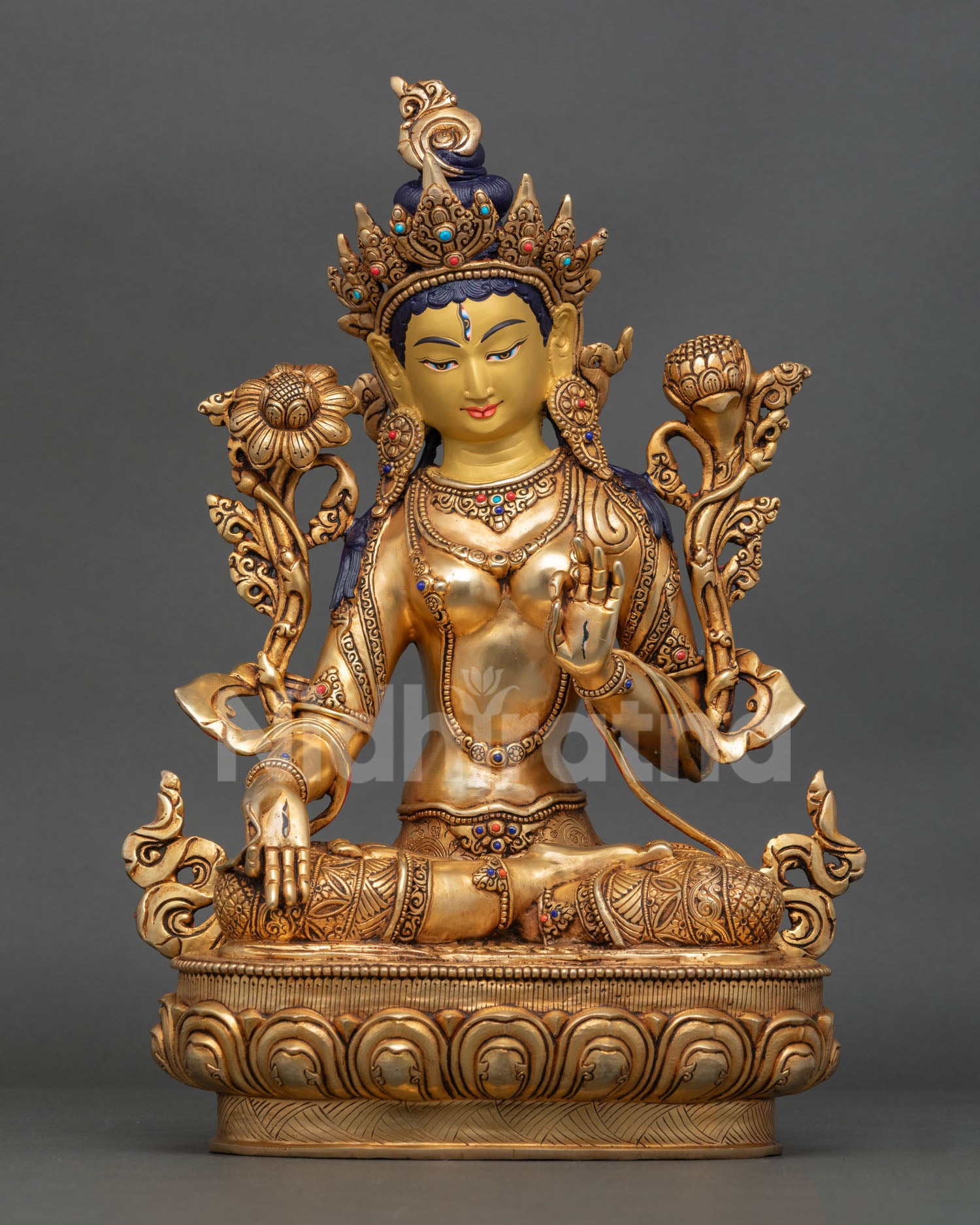 Front View of White Tara Statue, Seven-Eyed Goddess, Copper and 24K Gold Gilded, Nepalese Buddhist Art