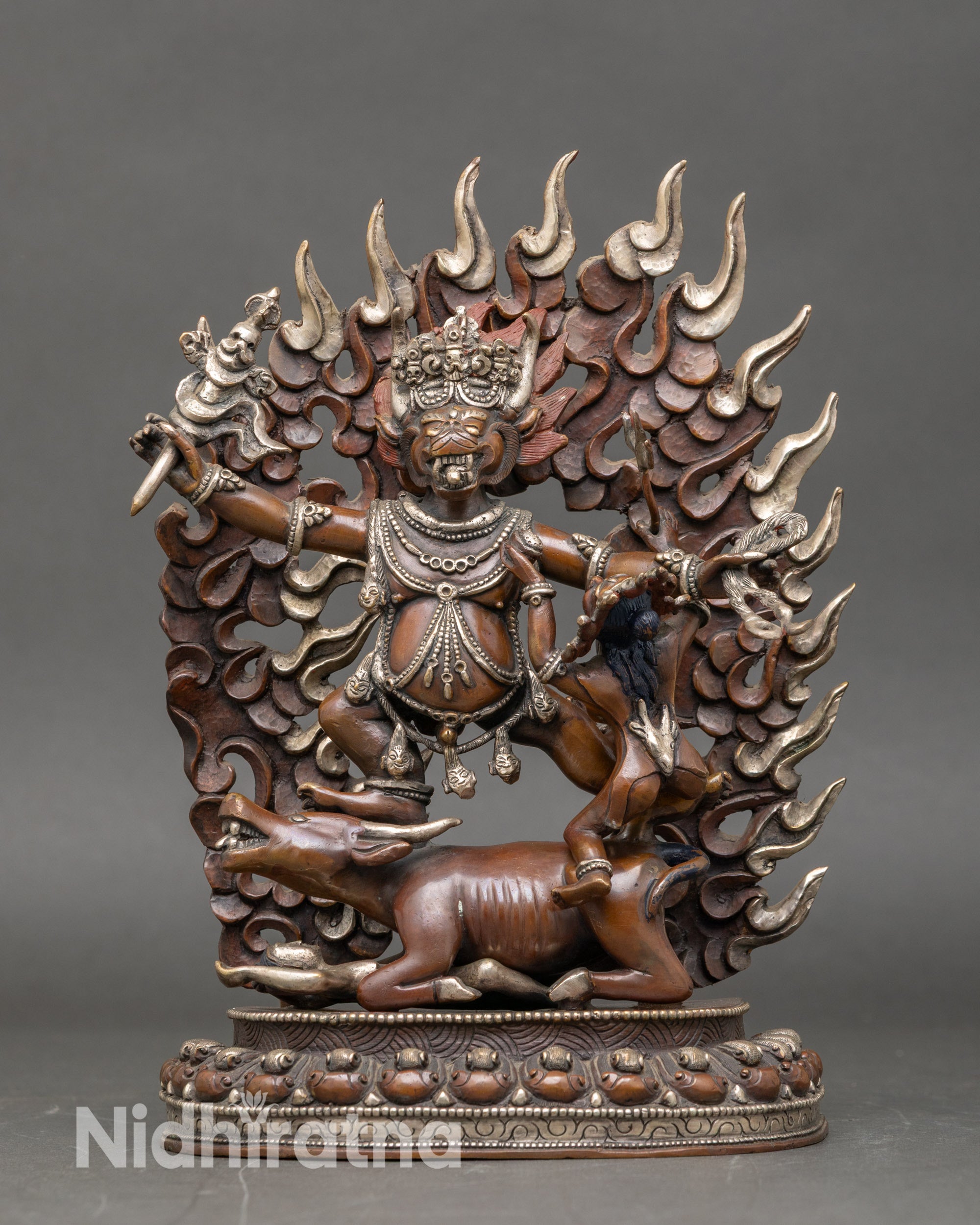 Front view Yamantaka Union Statue copper oxidized silver-plated Himalayan Buddhist art