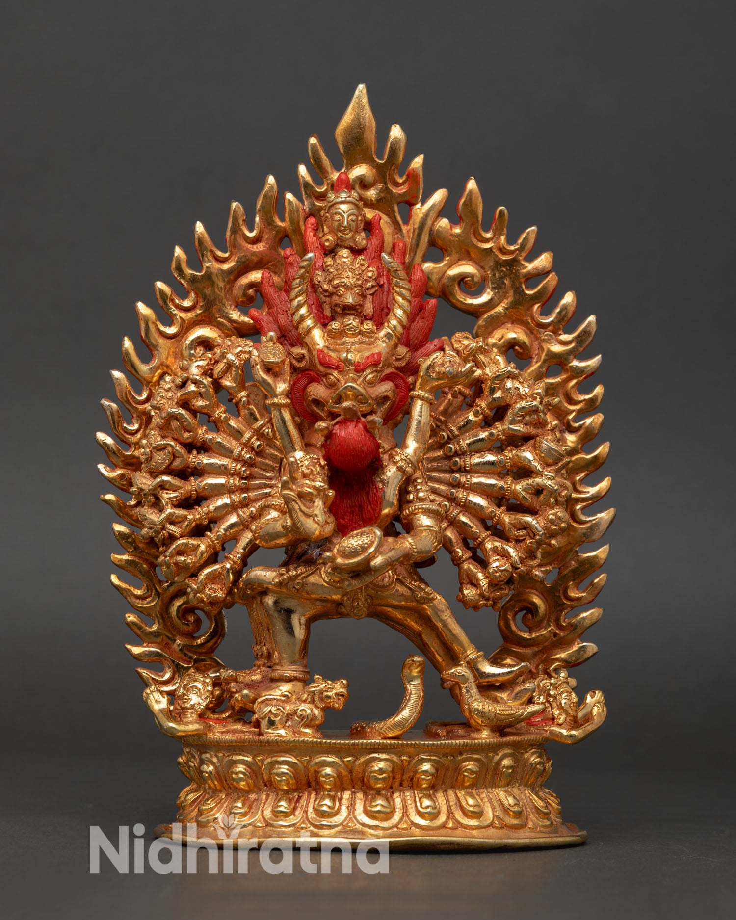 Front view of Yamantaka yab-yum statue sixteen armed wrathful deity copper gold gilded lotus throne nepal