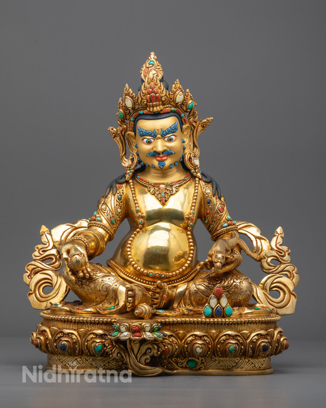 front-view of Hand-carved Dzambhala Wealth Deity Statue with 24k Fire-Gilded Gold on Copper Base