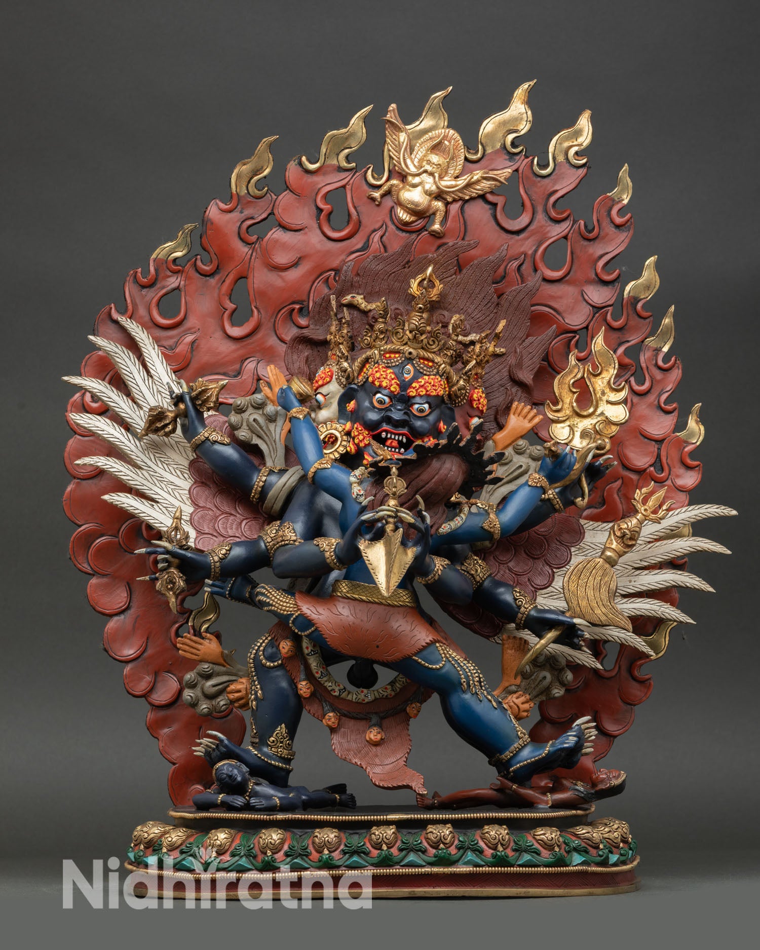 front view vajrakilaya statue copper lost wax gold gilded wrathful tantric protector deity on lotus throne