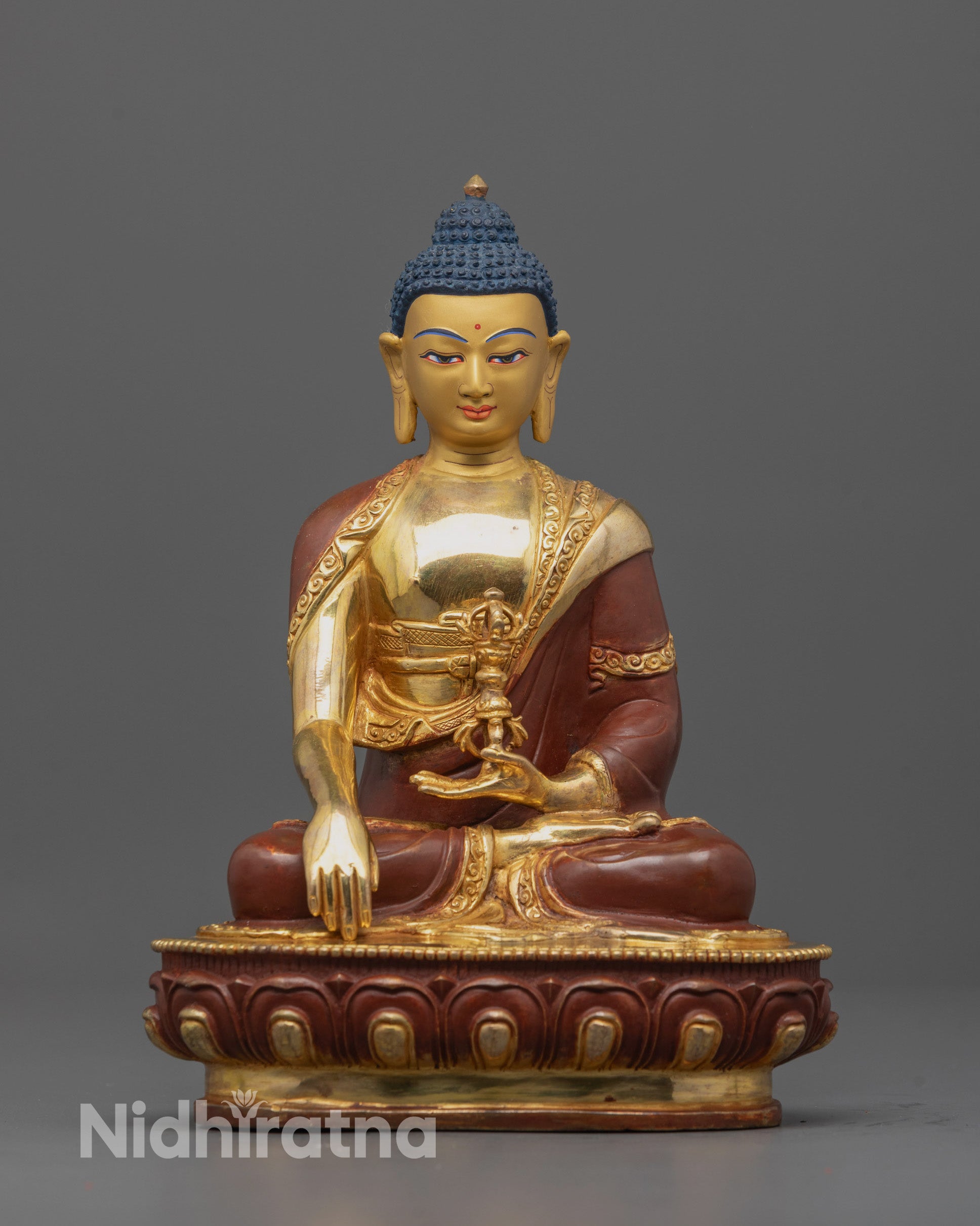 front angle Mitrugpa Statue with gold-gilded face and vajra, earth-touching mudra in full view