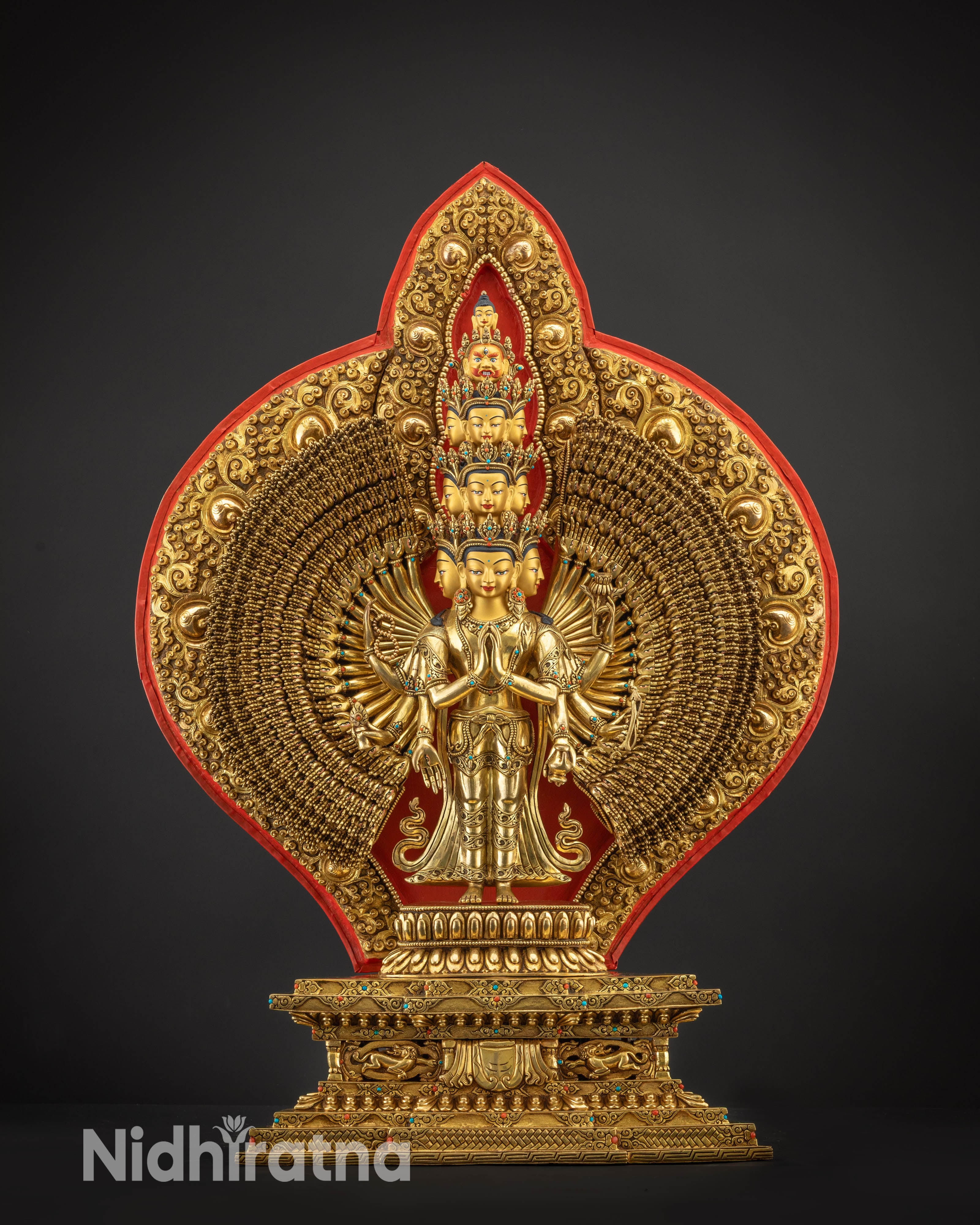front view 1000 Armed Chenrezig Avalokiteshvara Statue gold gilded copper body Nepal