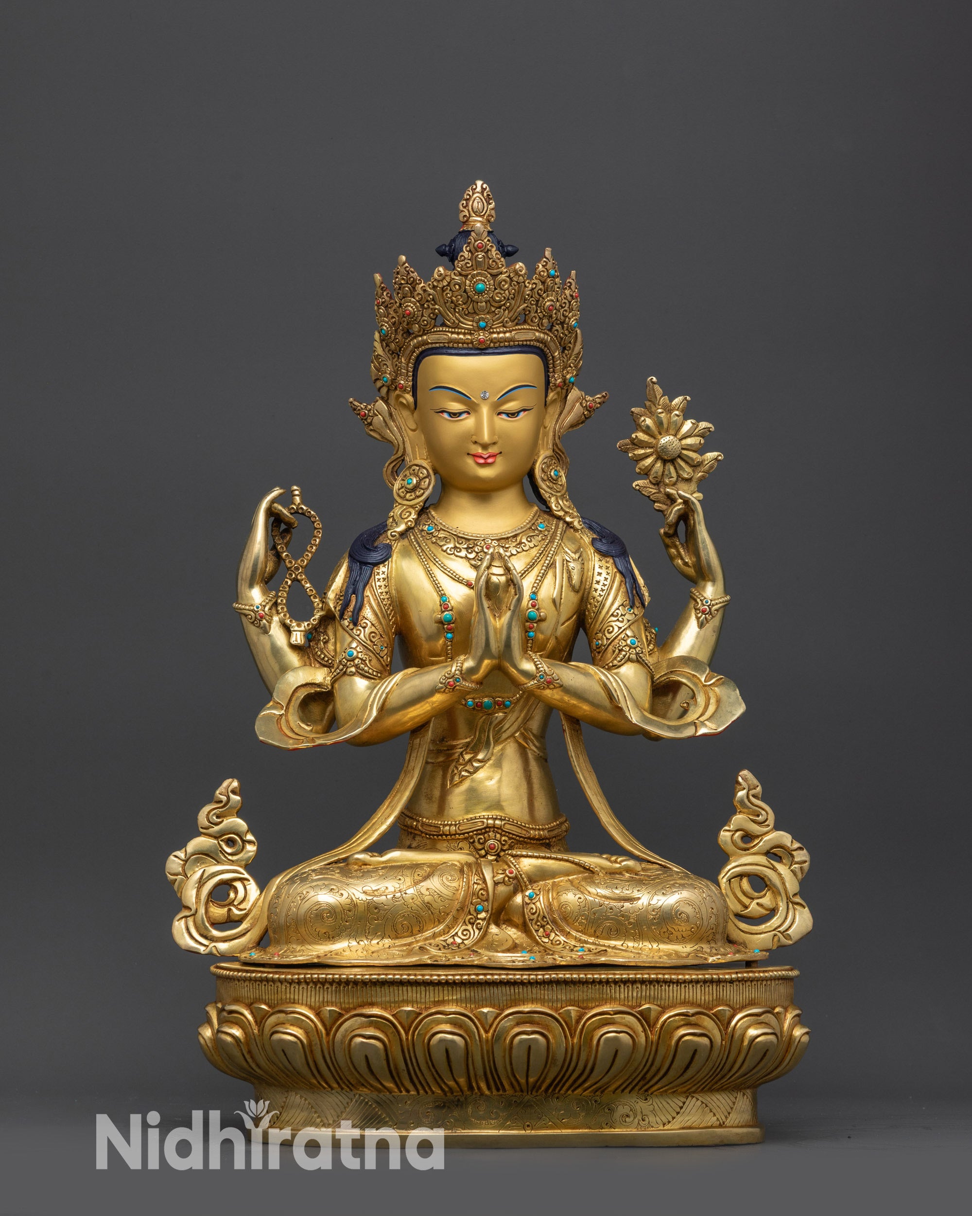 front view 18" Avalokiteshvara Chenrezig Statue on lotus seat with gold fire-gilded base