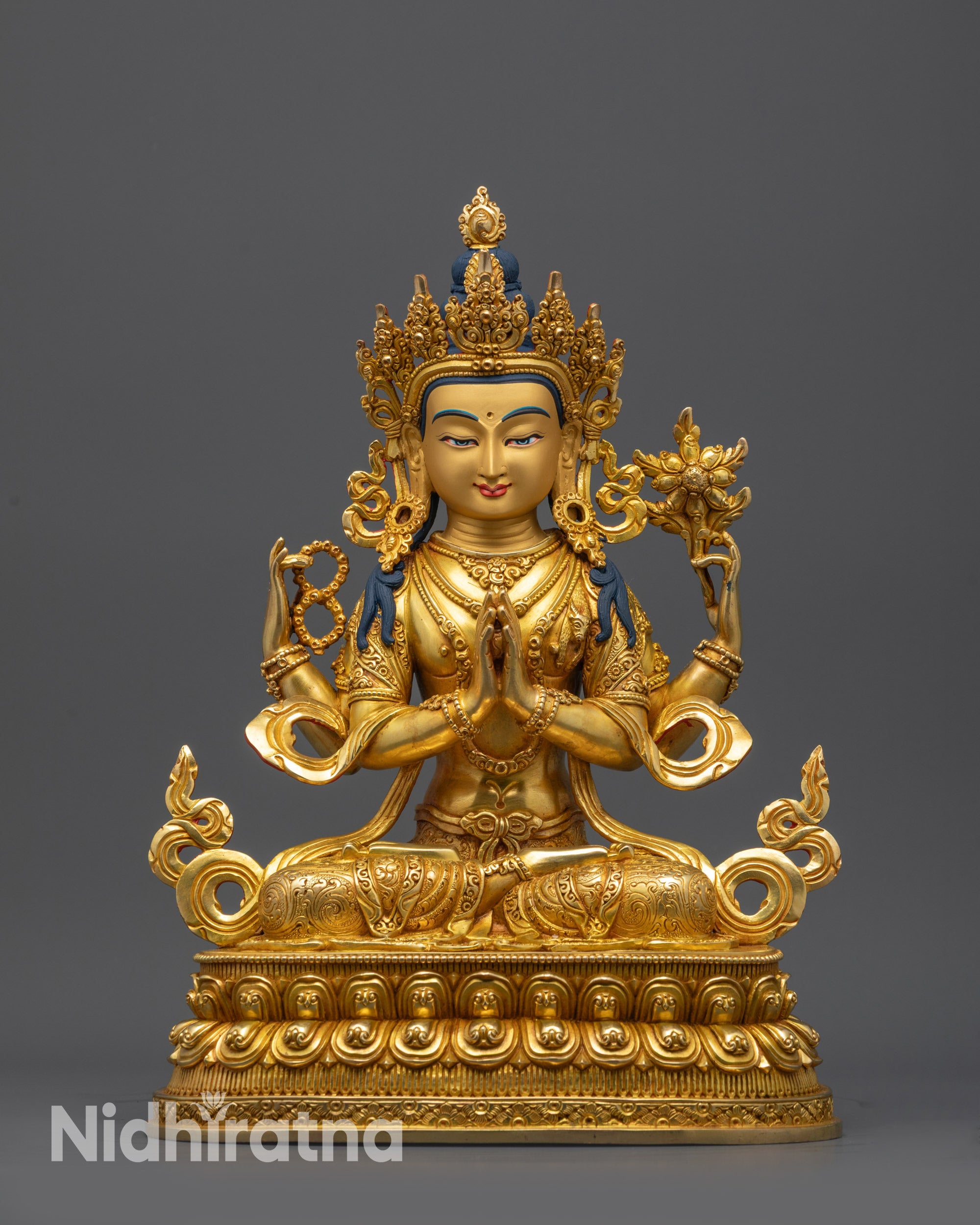 front view 24K gold-gilded Chenrezig statue seated on lotus pedestal handcrafted in Nepal