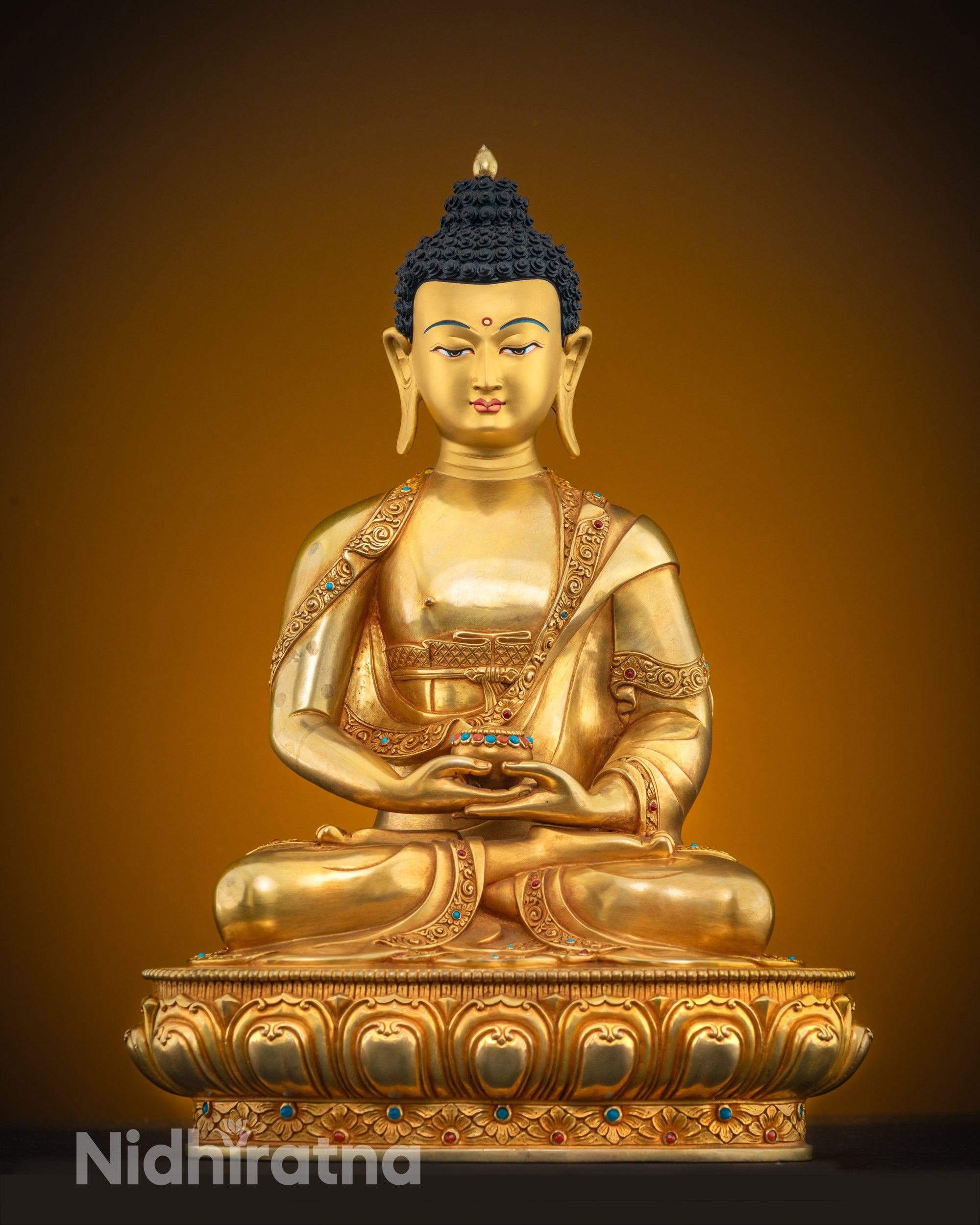 front view Amitabha Buddha statue handmade copper with gold-painted face spiritual decor